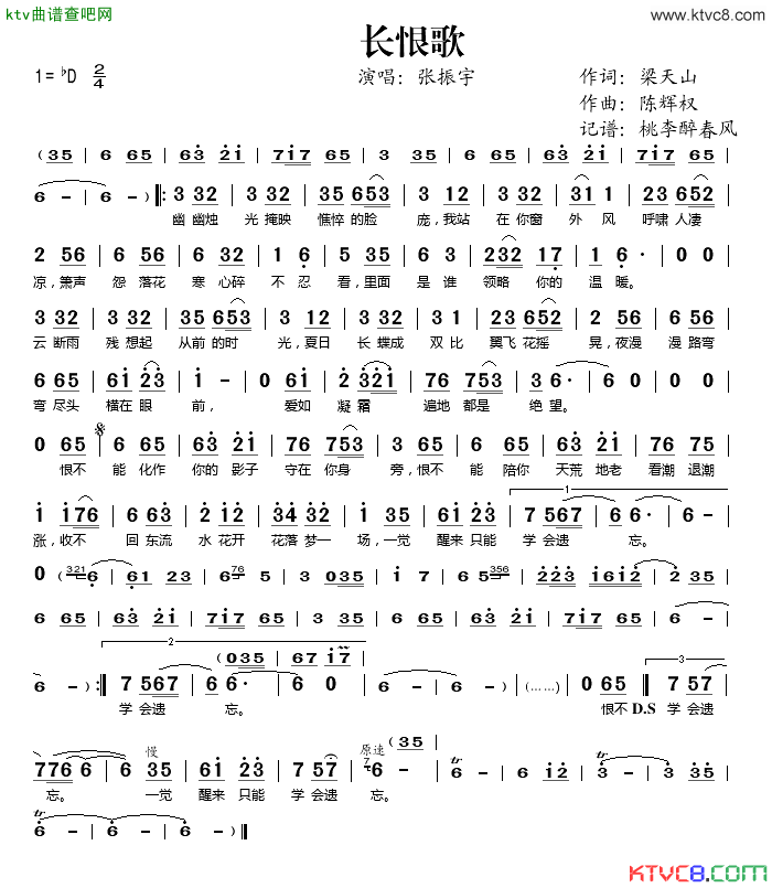 长恨歌简谱-张振宇演唱1