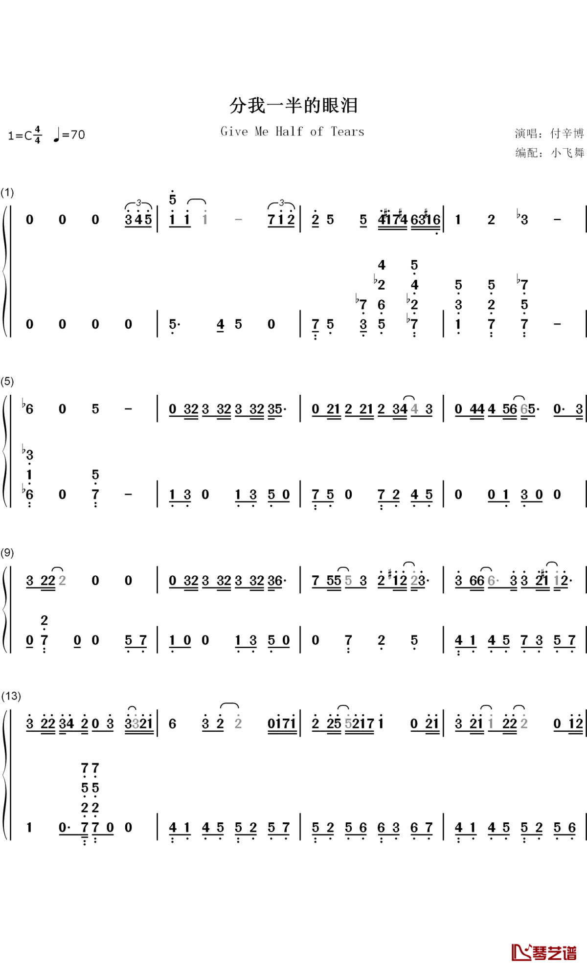 分我一半的眼泪钢琴简谱-数字双手-付辛博1