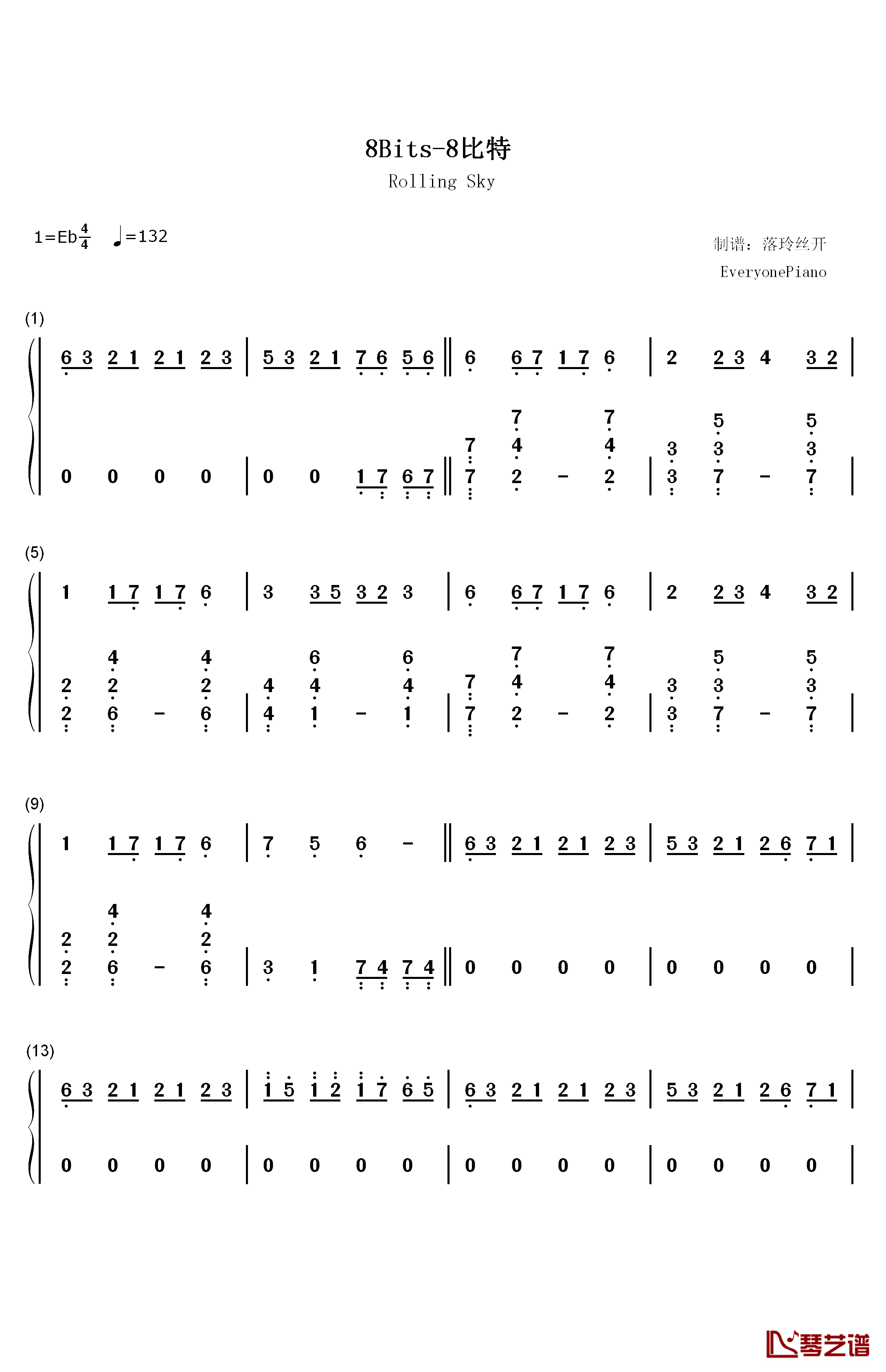 8比特钢琴简谱-数字双手-F-7771