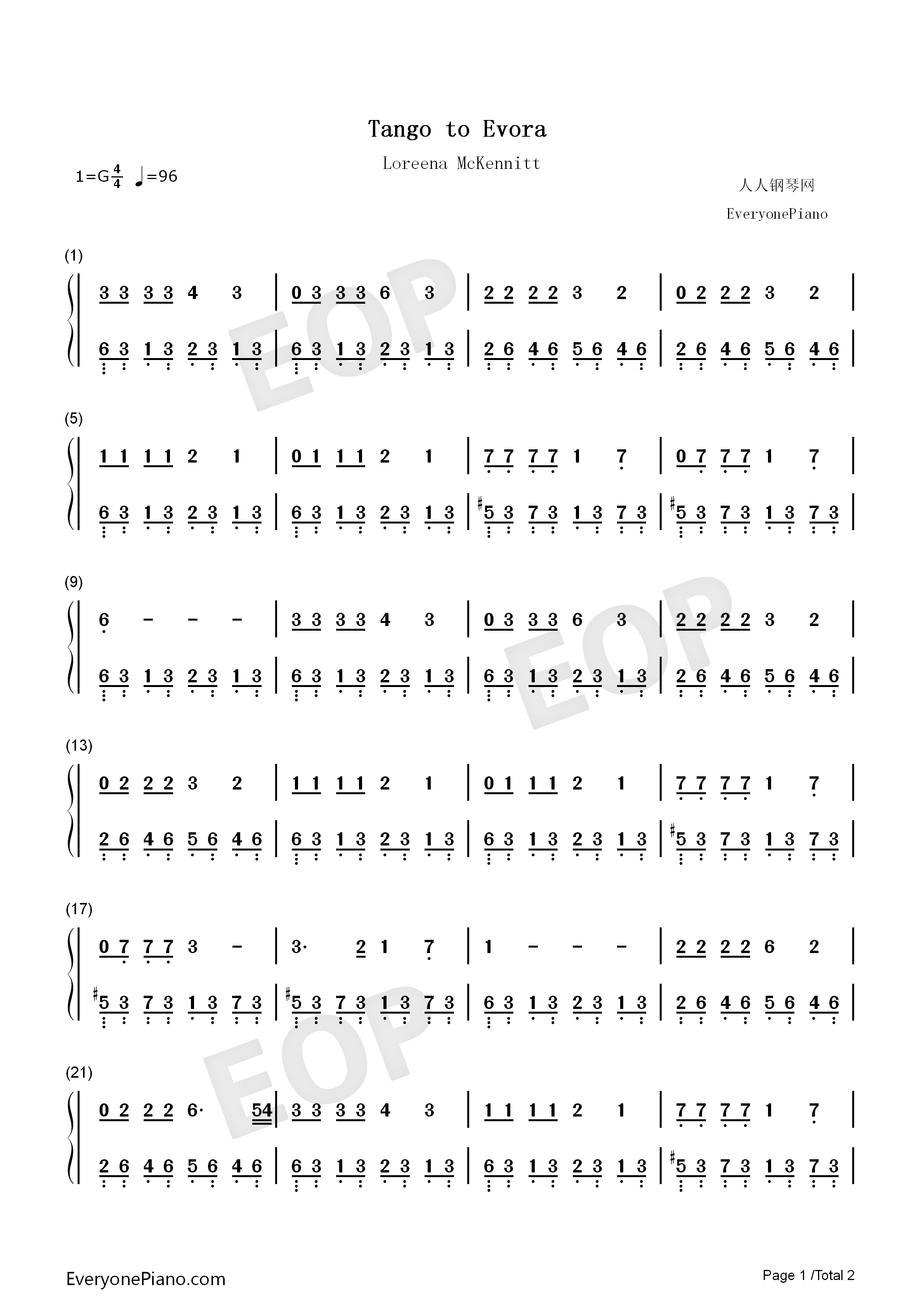 Tango to Evora钢琴简谱-Loreena McKennitt演唱1