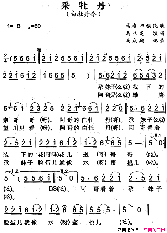 采牡丹焉耆回族民歌简谱1