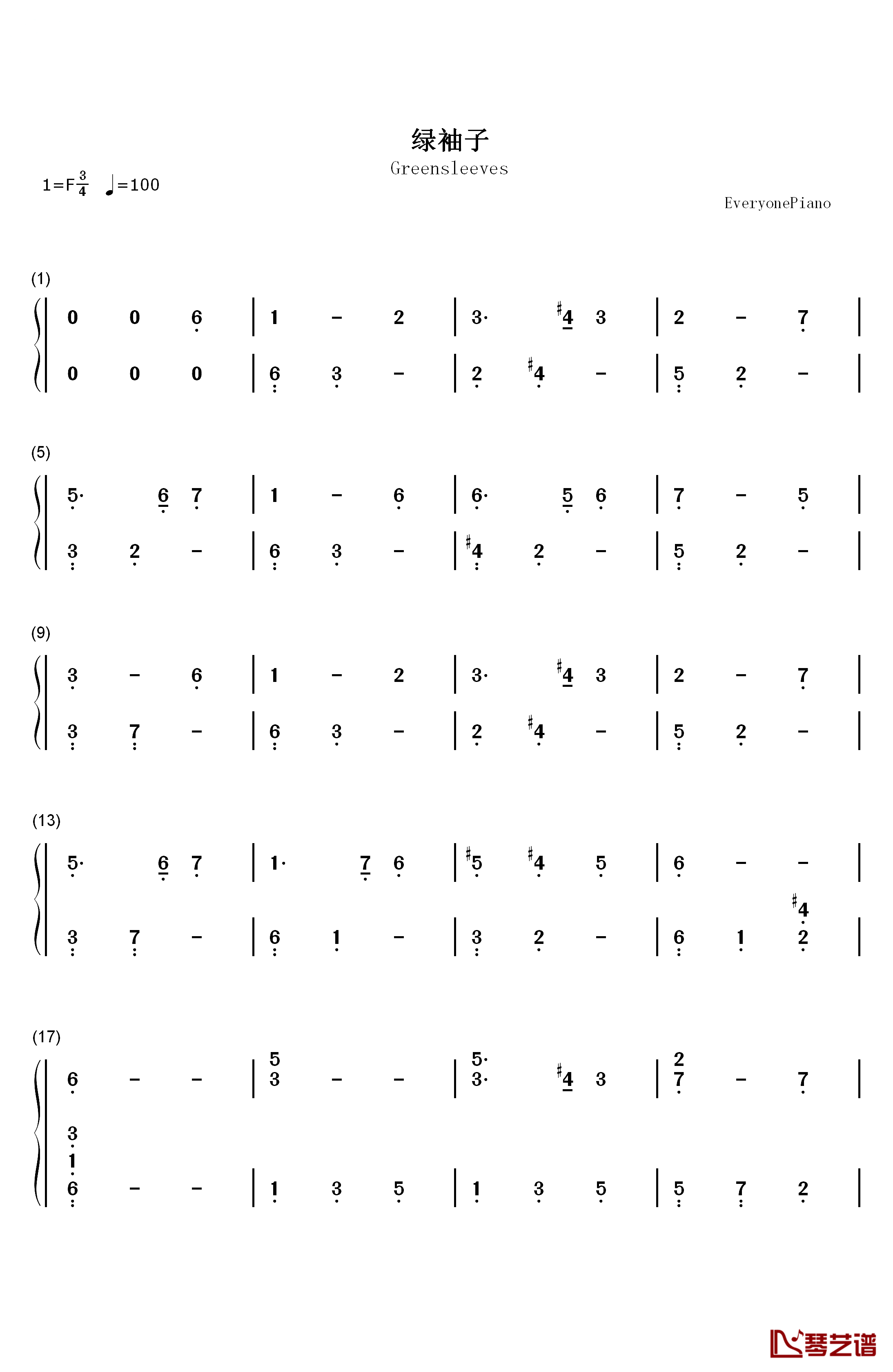 绿袖子钢琴简谱-数字双手-亨利八世1