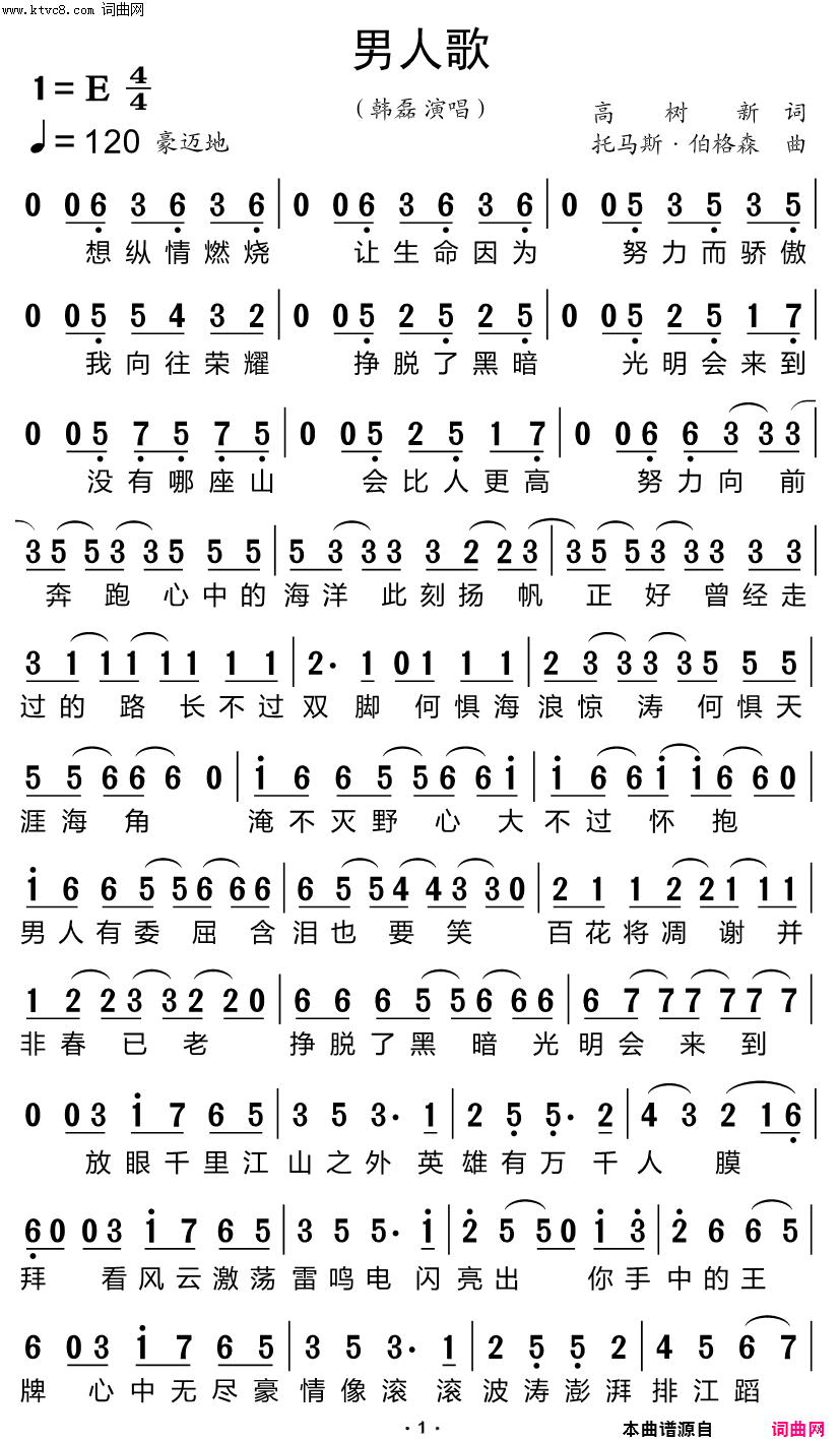 男人歌简谱-韩磊演唱-高树新/托马斯·伯格森词曲1