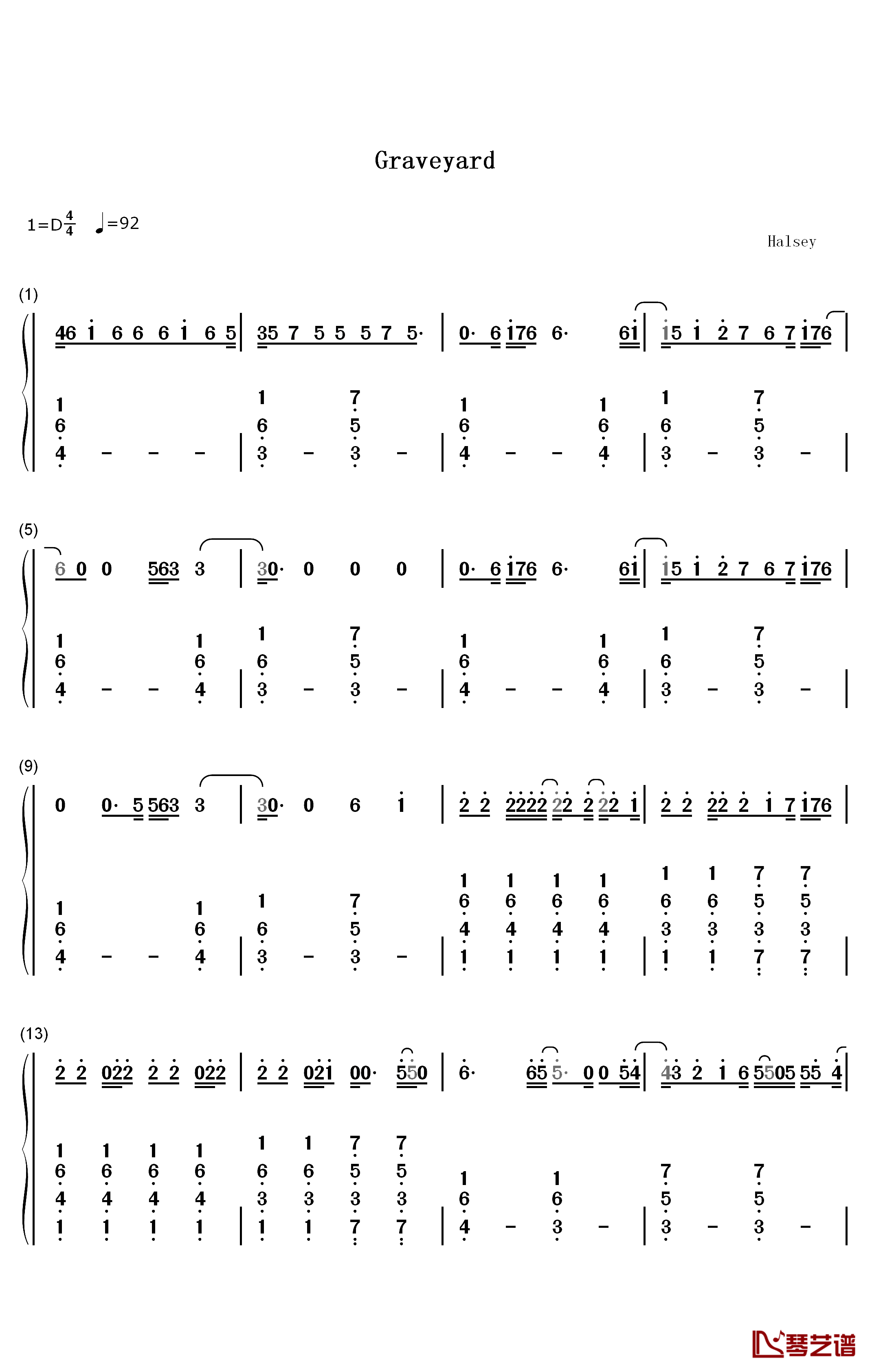 Graveyard钢琴简谱-数字双手-Halsey1