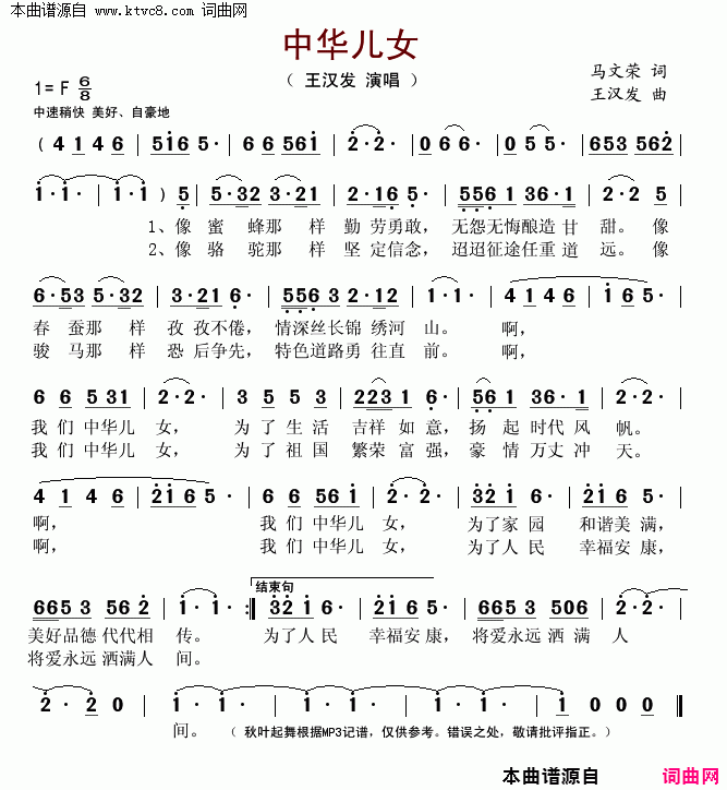 中华儿女简谱-王汉发演唱-马文荣/中华儿女词曲1