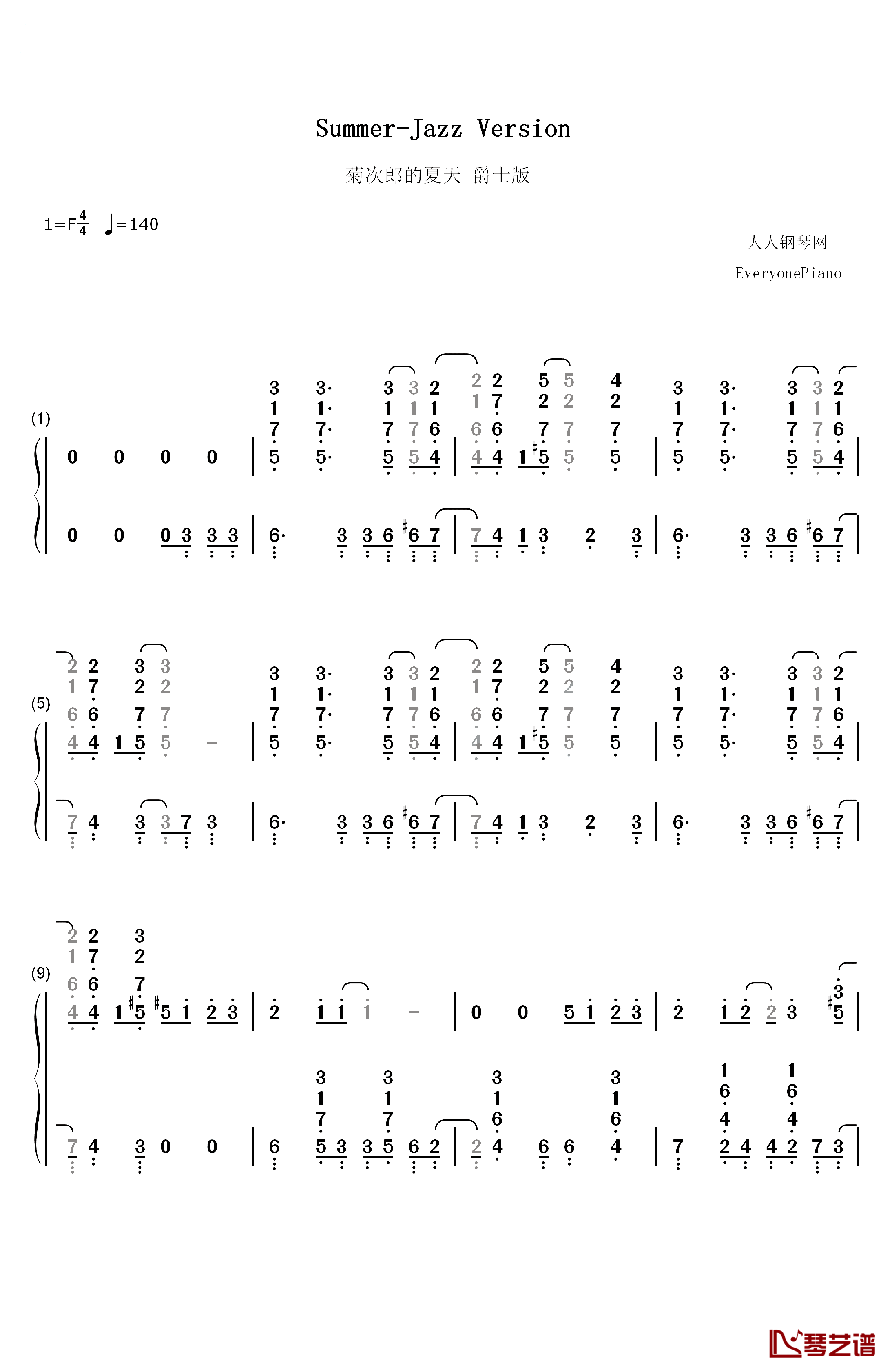 Summer爵士版钢琴简谱-数字双手-久石让1