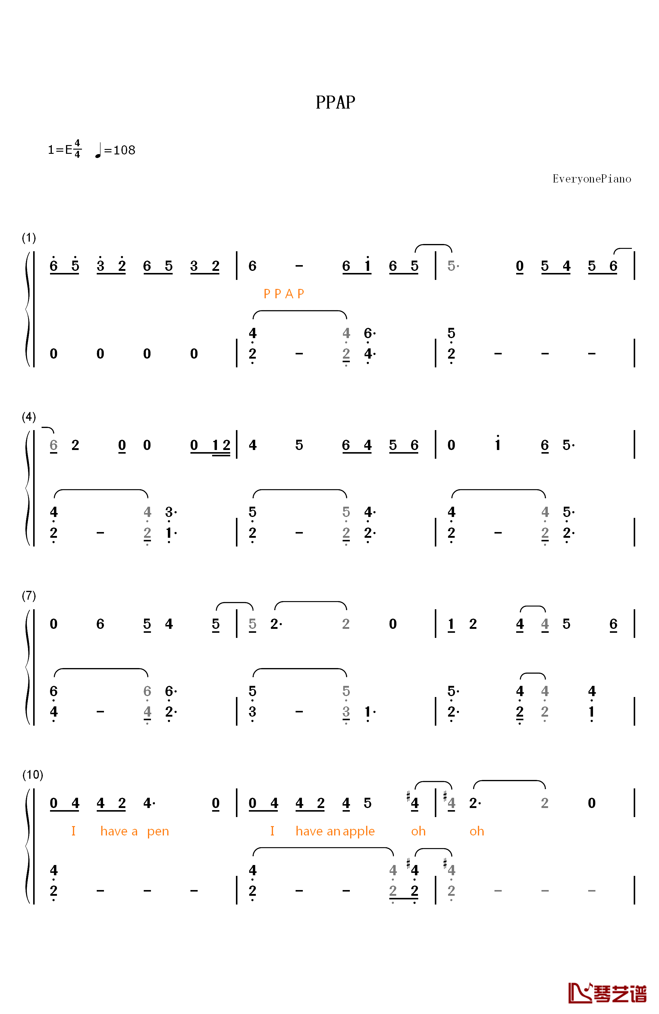 PPAP抒情版钢琴简谱-数字双手-KBShinya1