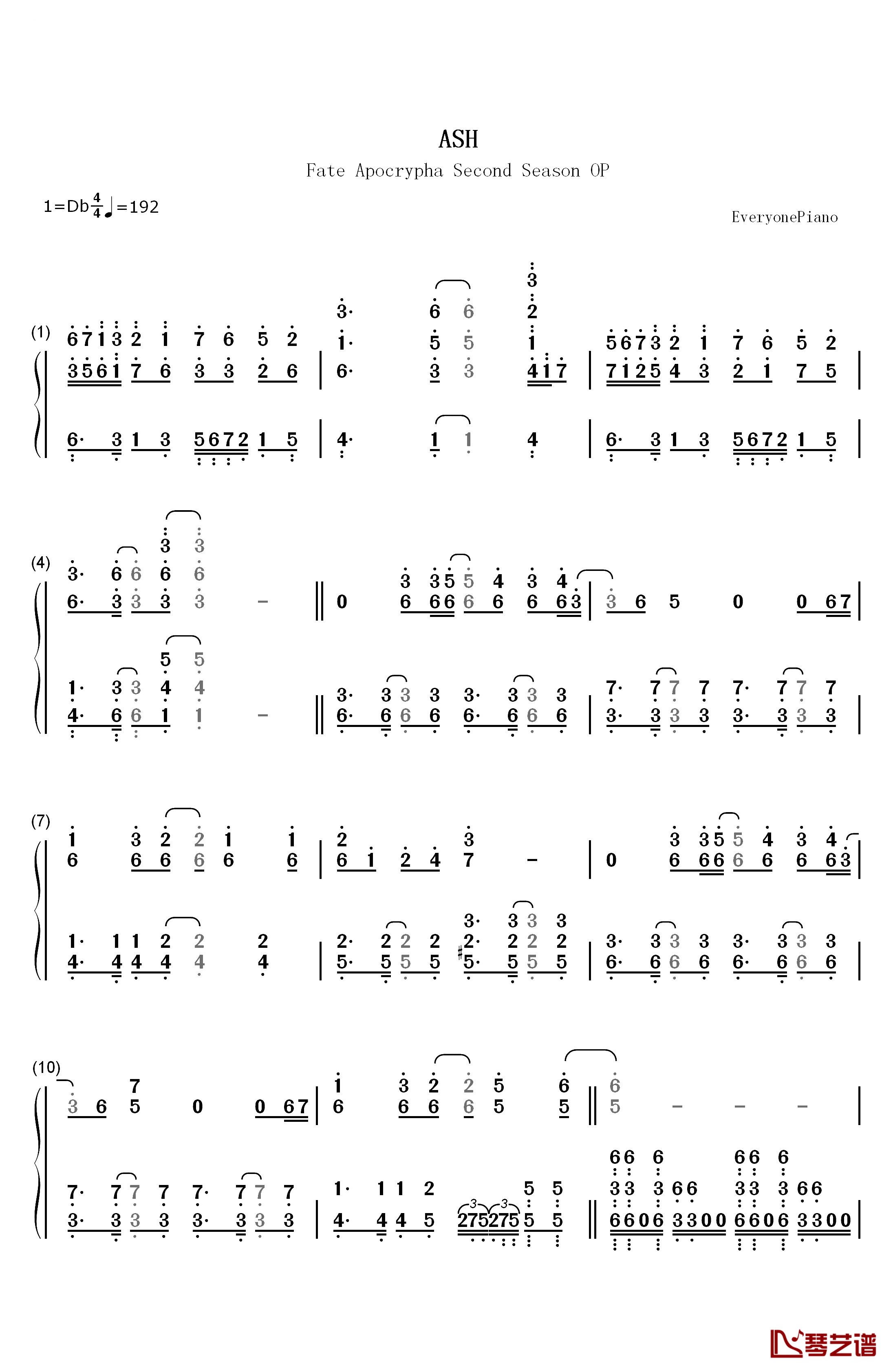 ASH钢琴简谱-数字双手-LiSA1