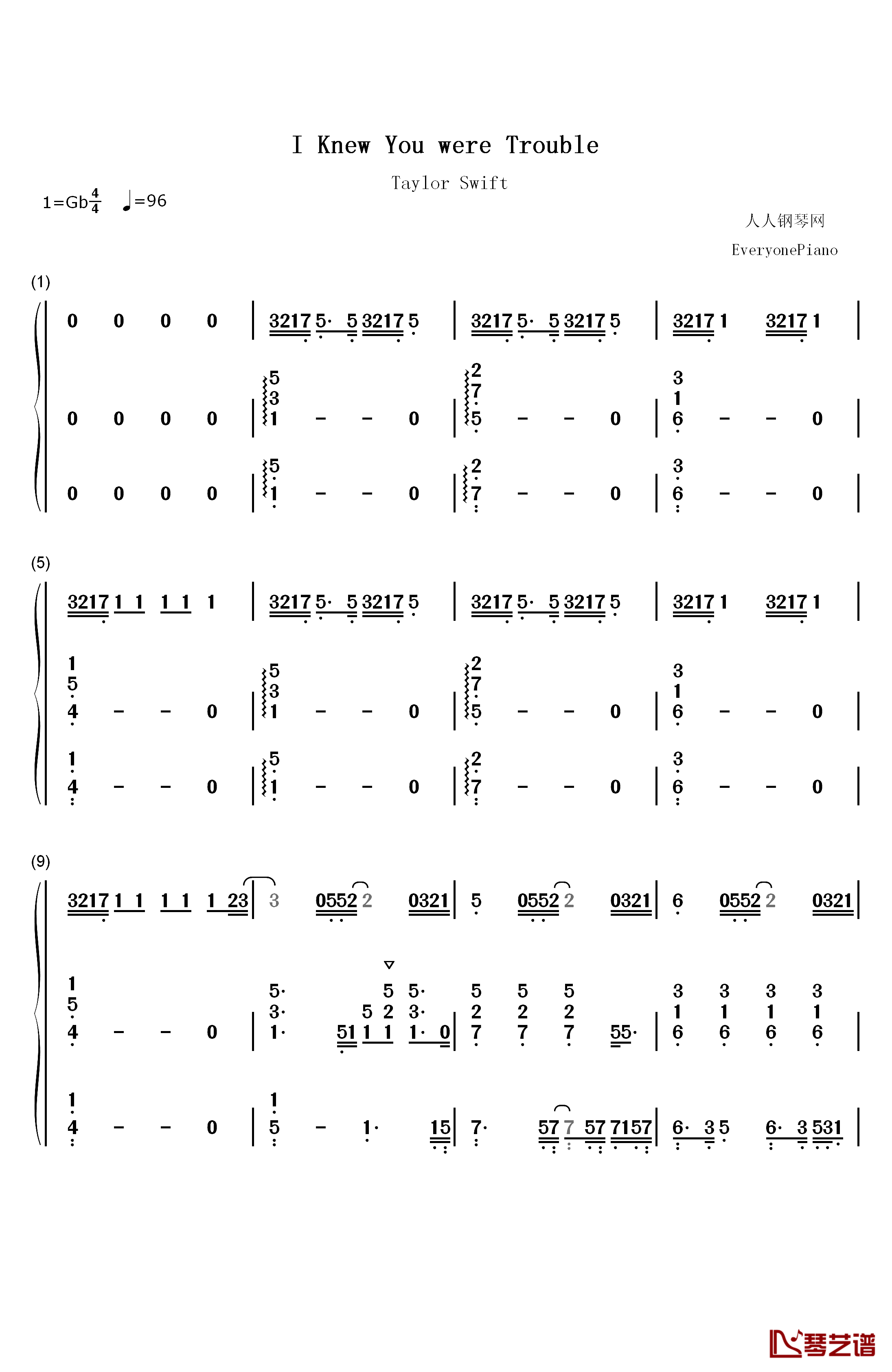 I knew you were trouble钢琴简谱-数字双手-taylor swift  泰勒·斯威夫特1