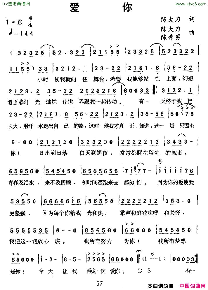 爱你陈大力词陈大力、陈秀男曲简谱1