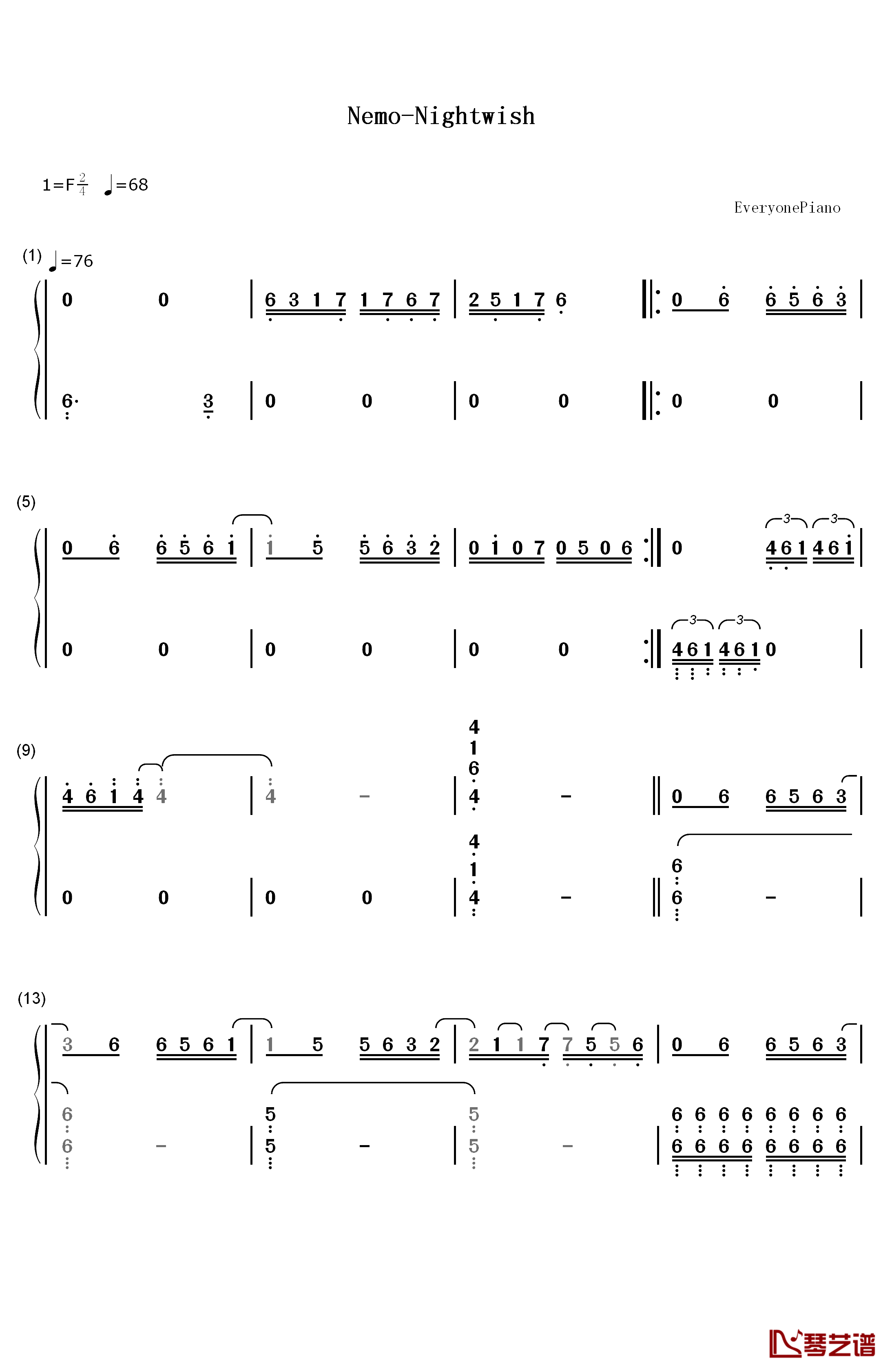 Nemo钢琴简谱-数字双手-Nightwish1