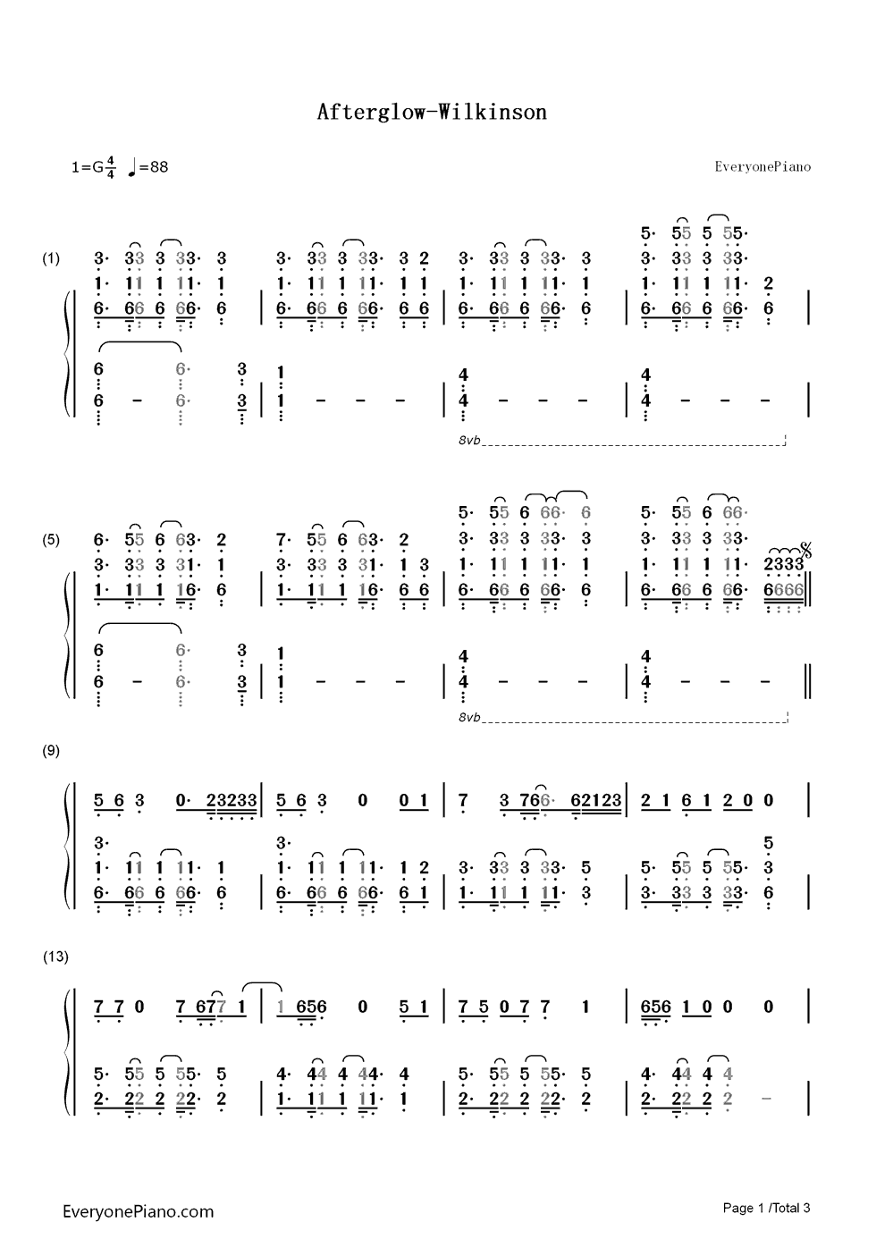 Afterglow钢琴简谱-数字双手-Wilkinson1