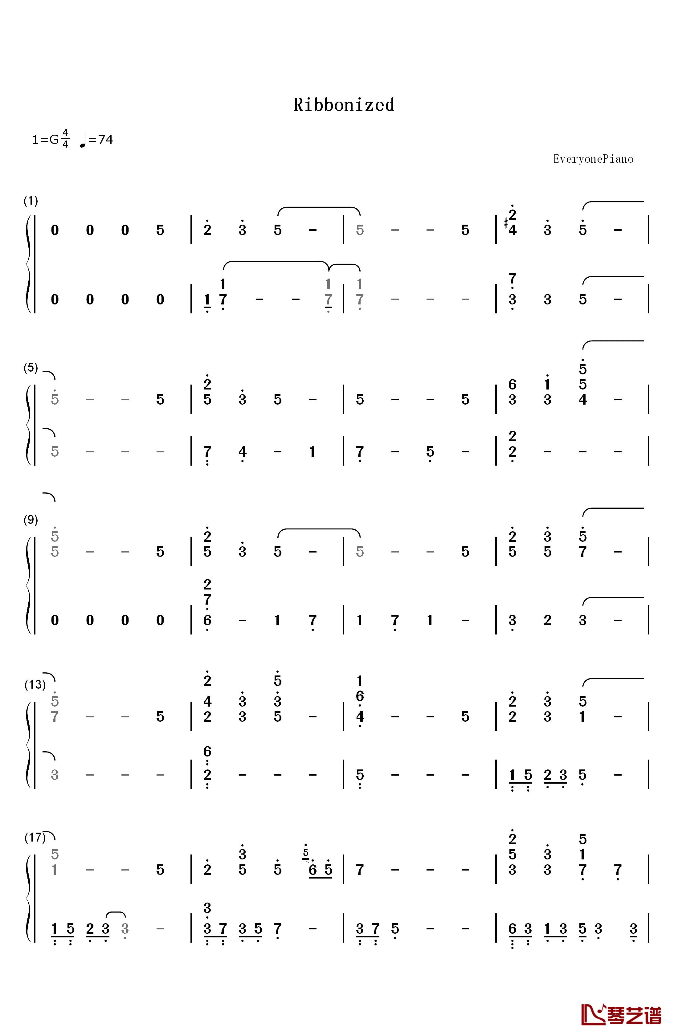 Ribbonized钢琴简谱-数字双手-李闰珉1