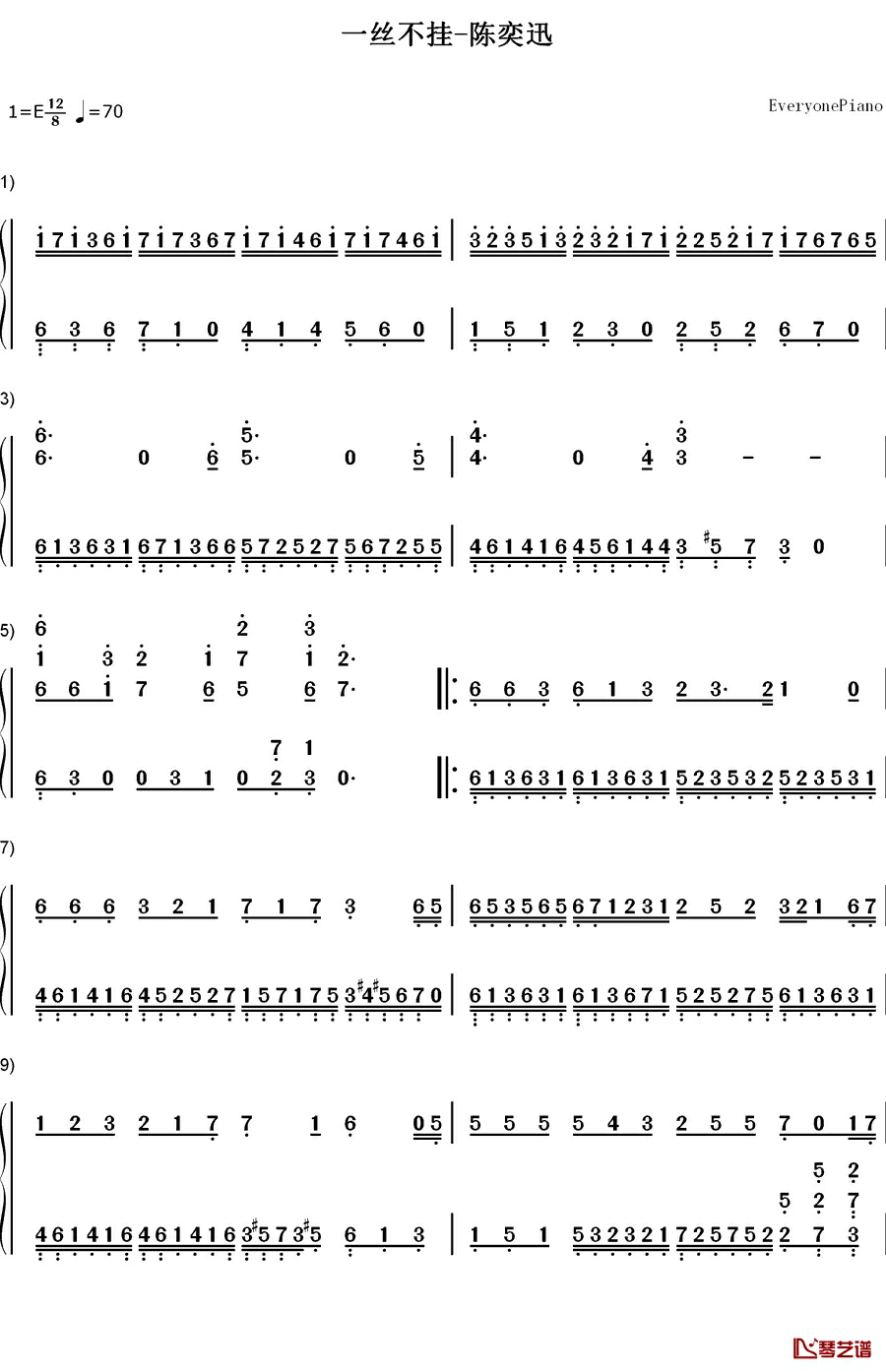 一丝不挂钢琴简谱-数字双手-陈奕迅1