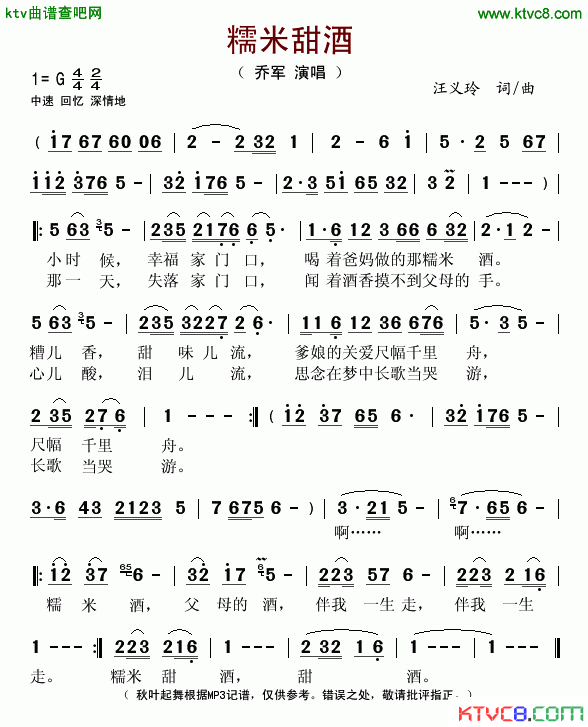 糯米甜酒简谱-乔军演唱1