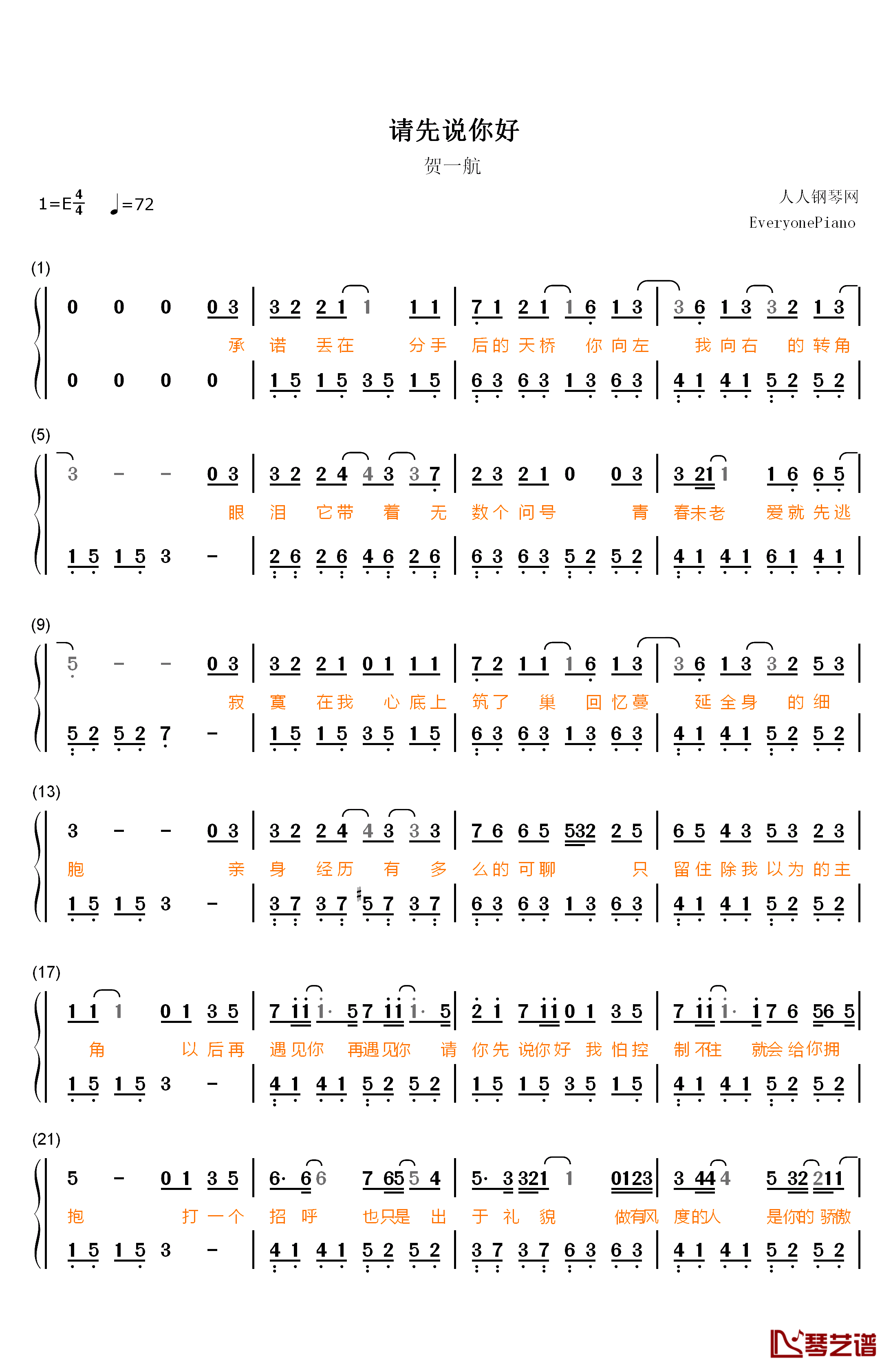 请先说你好钢琴简谱-数字双手-贺一航1