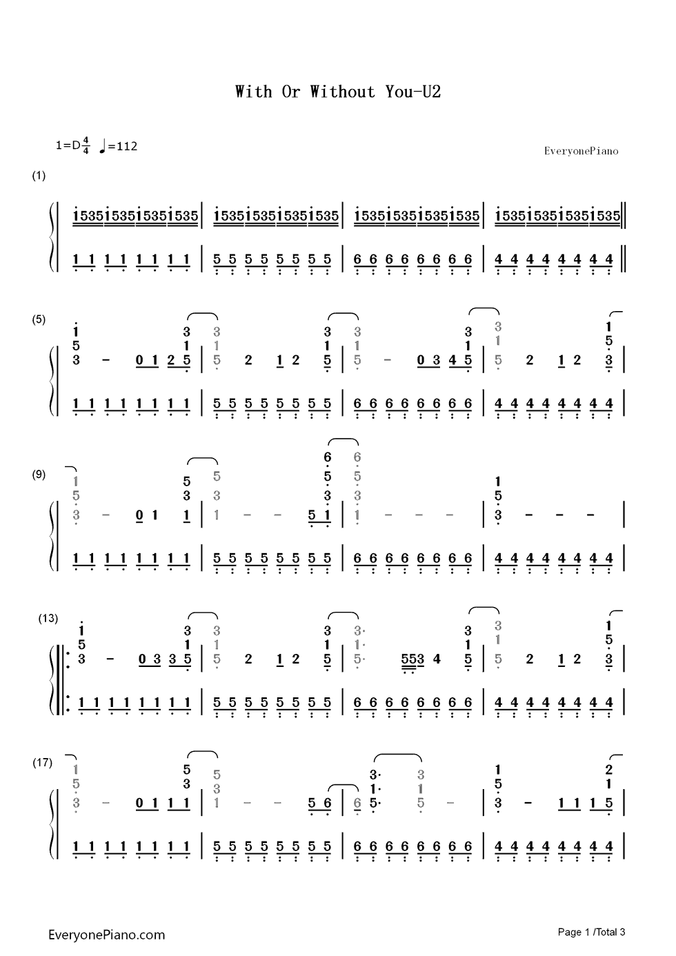 With Or Without You钢琴简谱-数字双手-U21