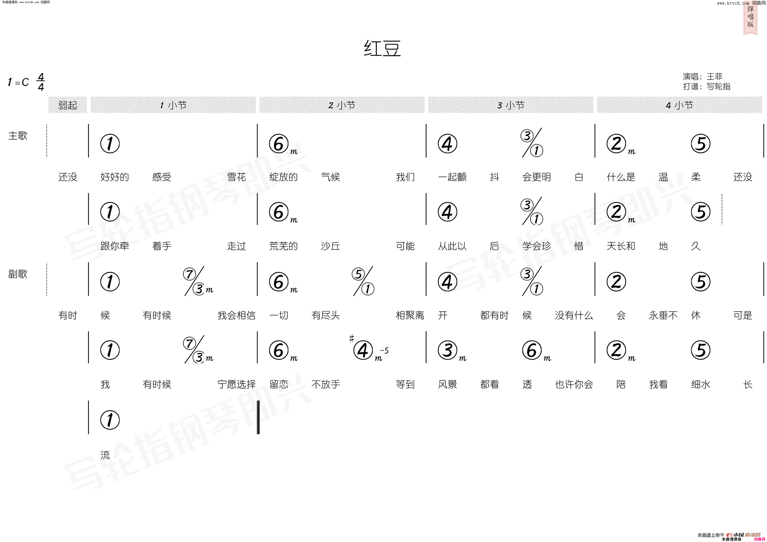 红豆简和谱简谱-王菲演唱-林夕/柳重言词曲1