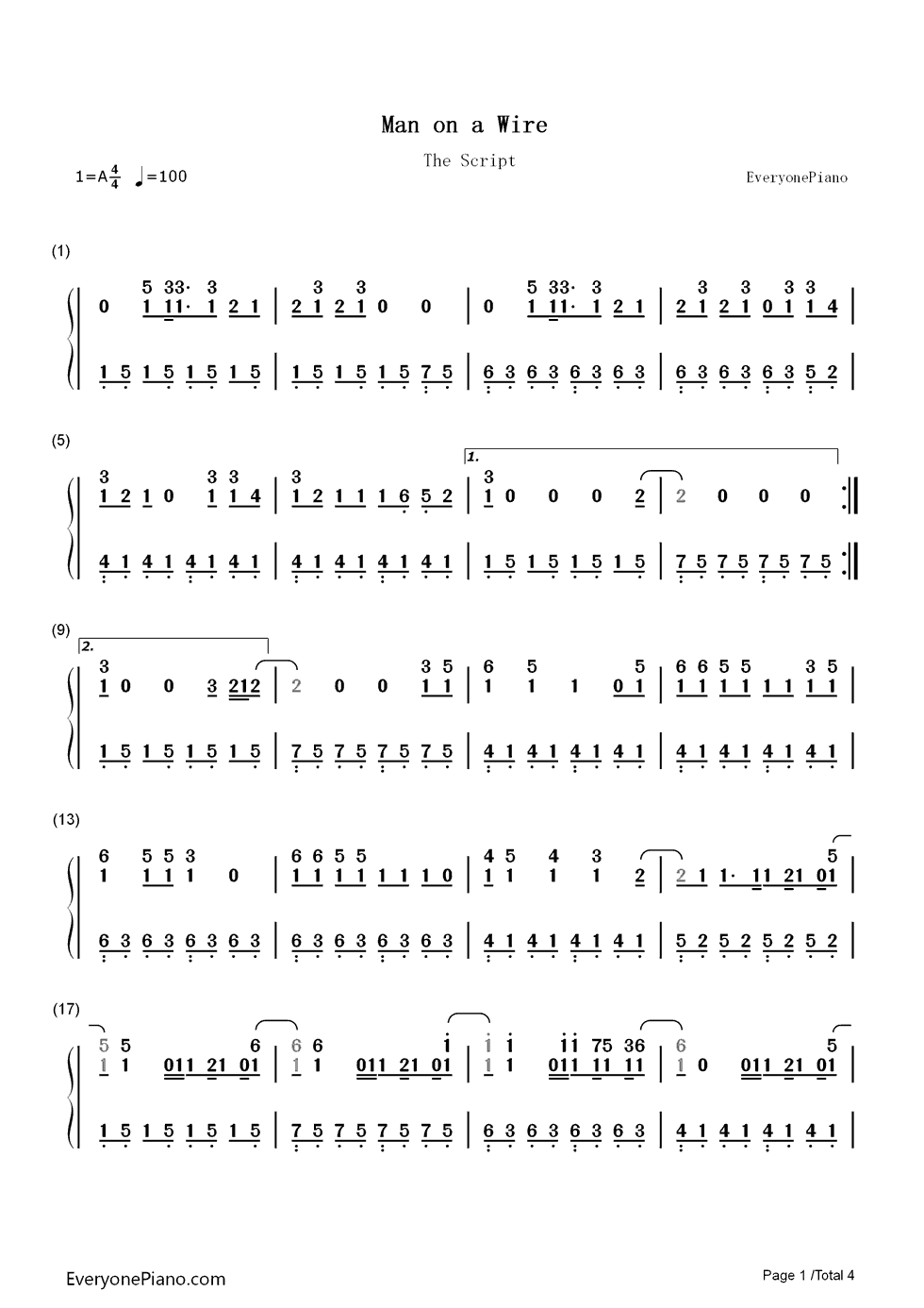 Man on a Wire钢琴简谱-数字双手-The Script1