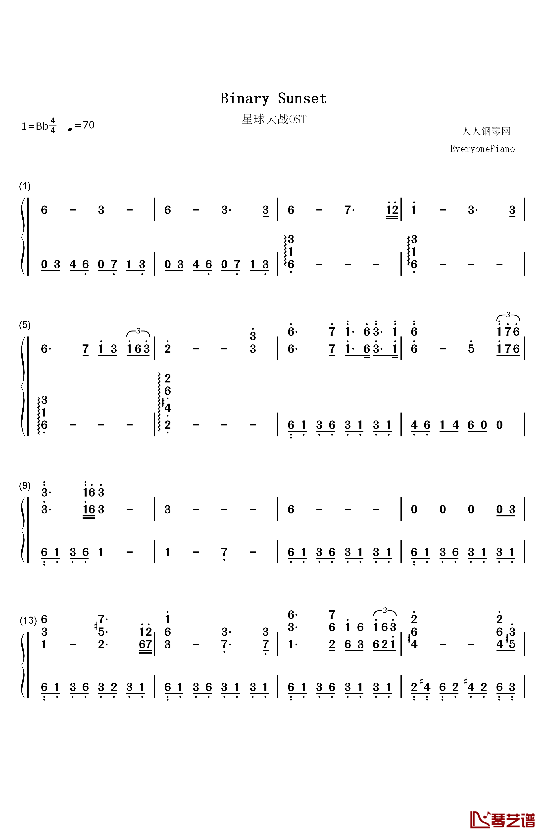 Binary Sunset钢琴简谱-数字双手-John Williams1