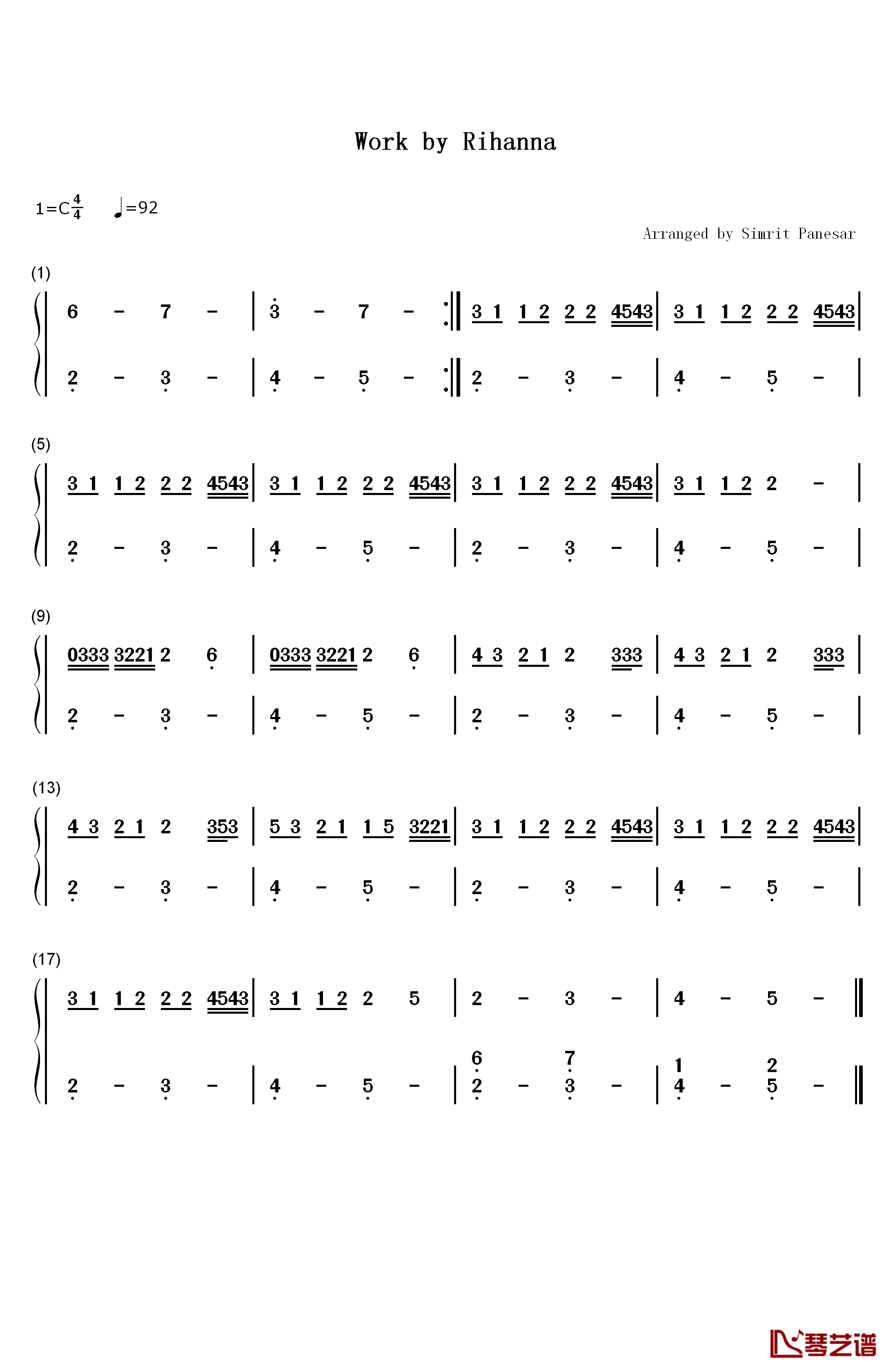 Work简单版钢琴简谱-数字双手-Rihanna1