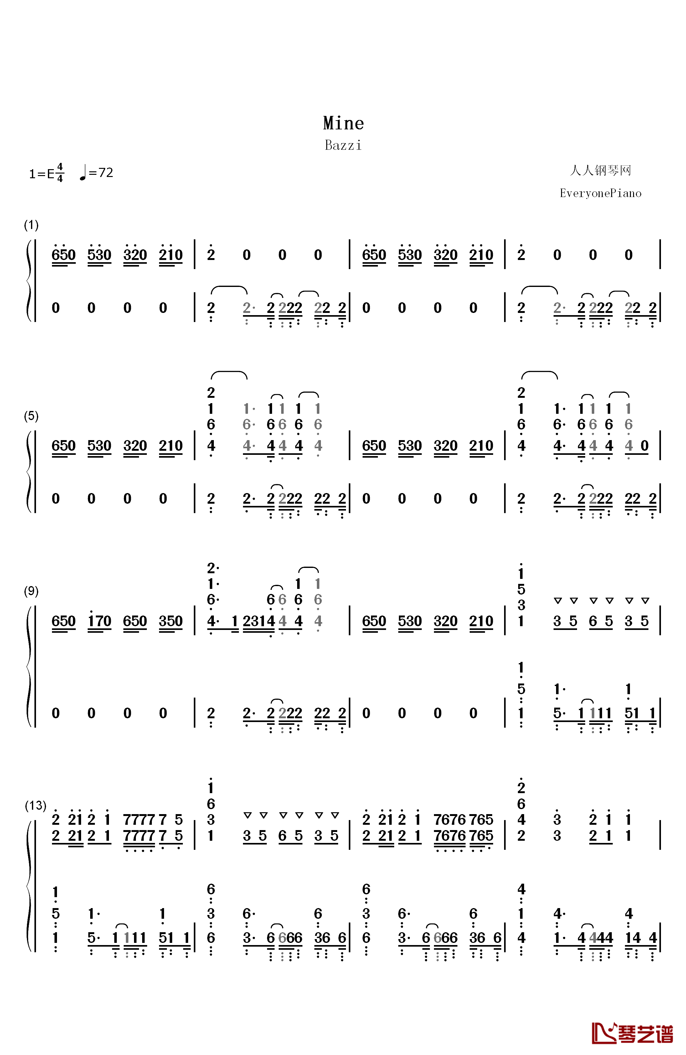 Mine钢琴简谱-数字双手-Bazzi1