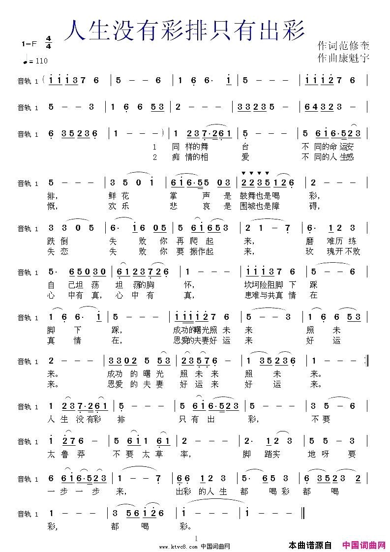 人生没有彩排只有出彩简谱-军哥演唱-范修奎/康魁宇词曲1