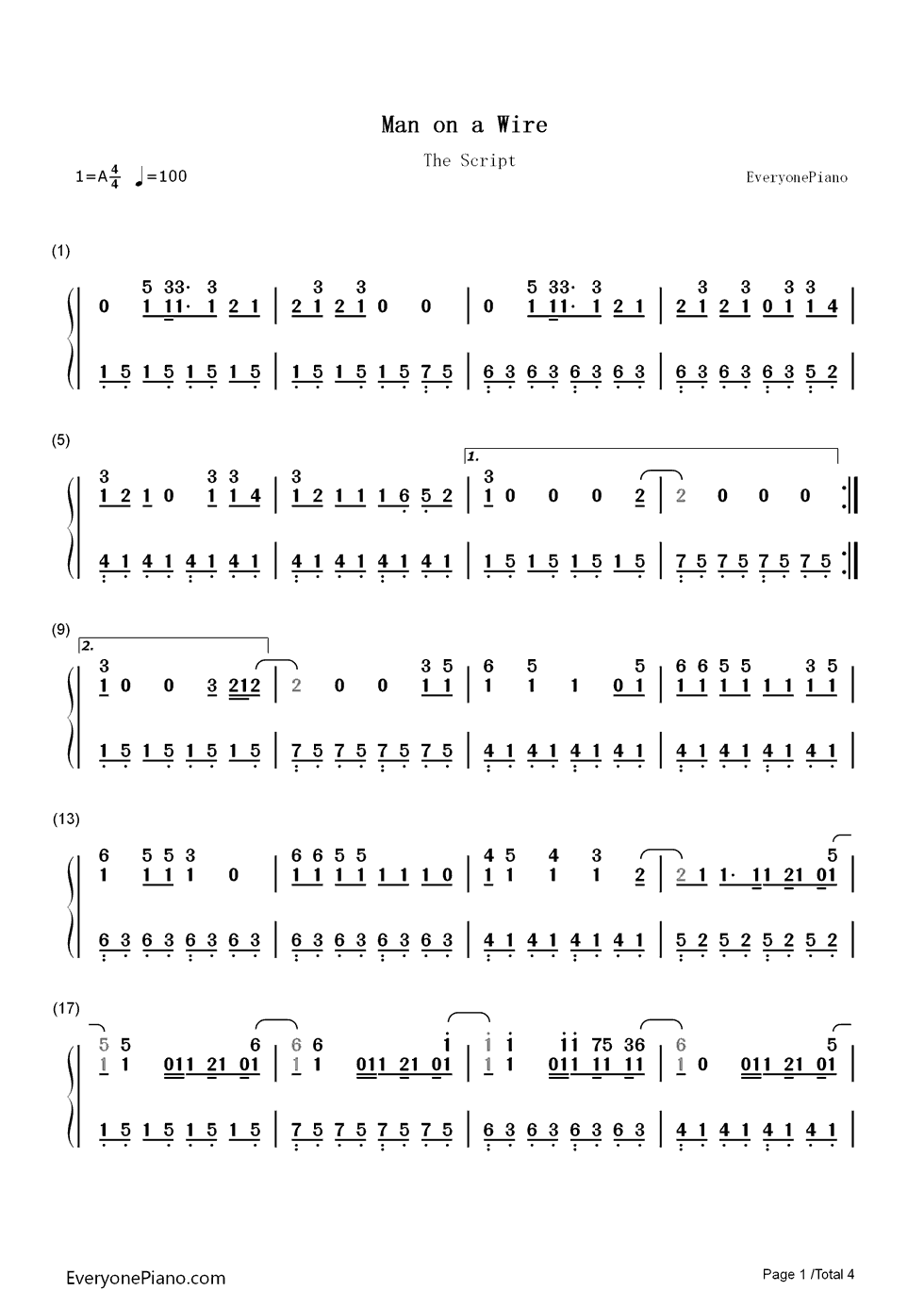 Man on a Wire钢琴简谱-The Script演唱1