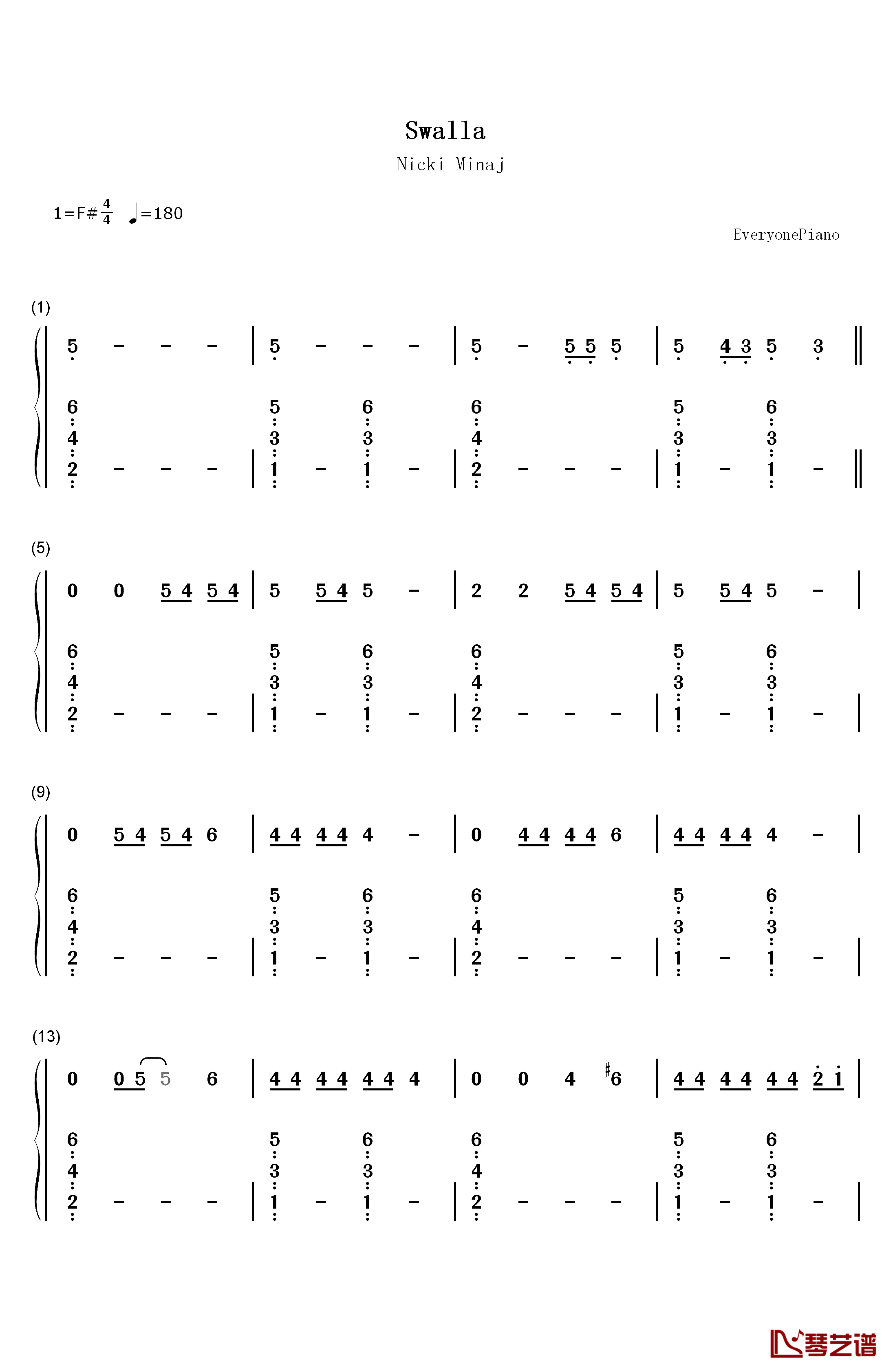 Swalla钢琴简谱-数字双手-Jason Derulo1