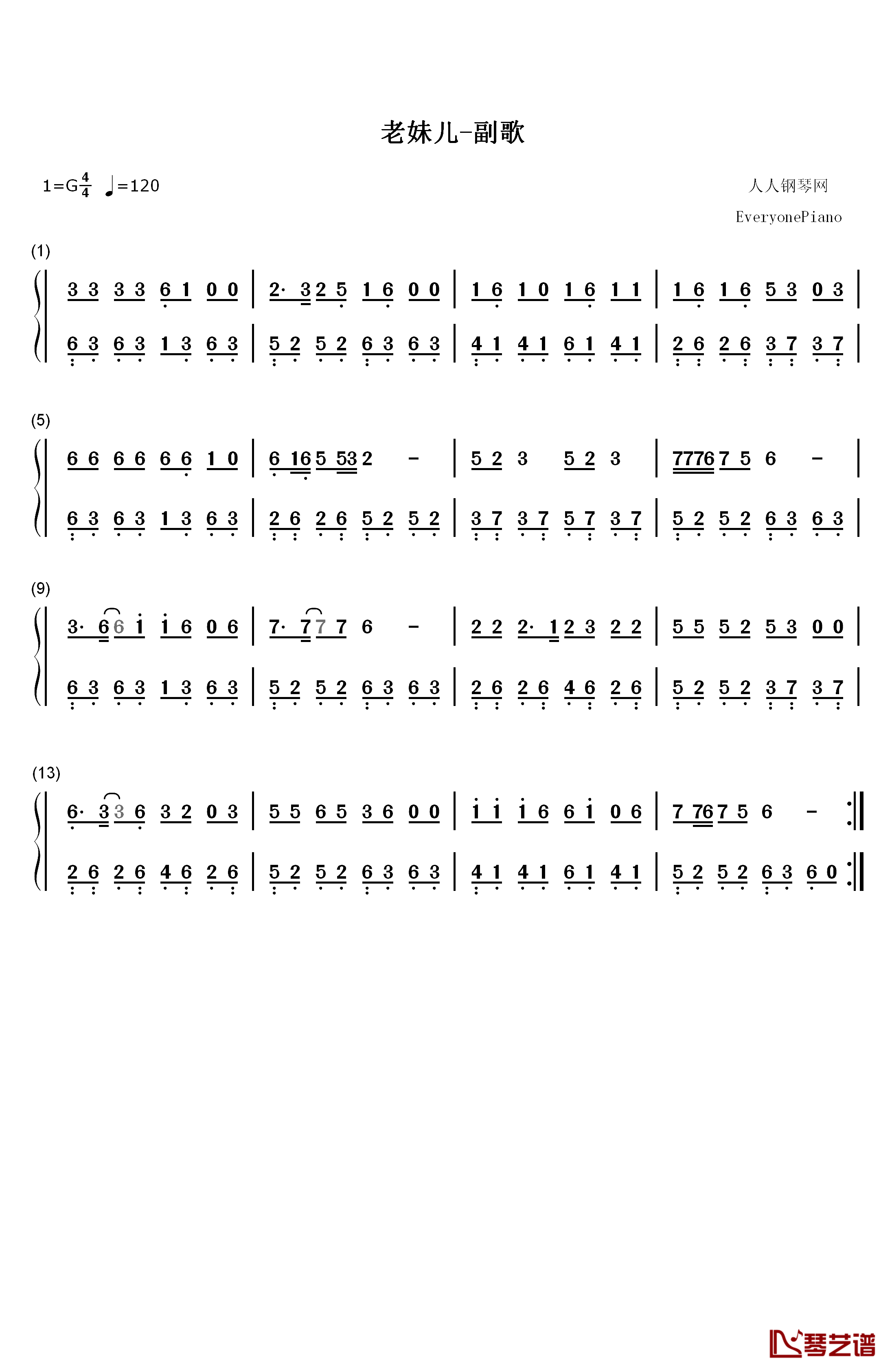 老妹儿钢琴简谱-数字双手-柯羽1