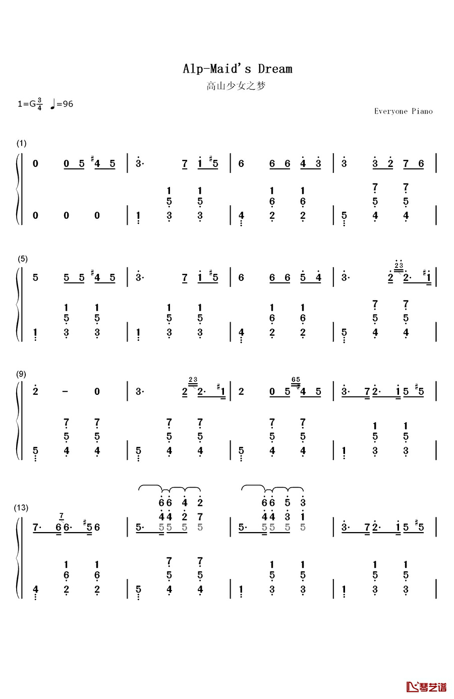 高山少女之梦钢琴简谱-数字双手-拉毕斯基1