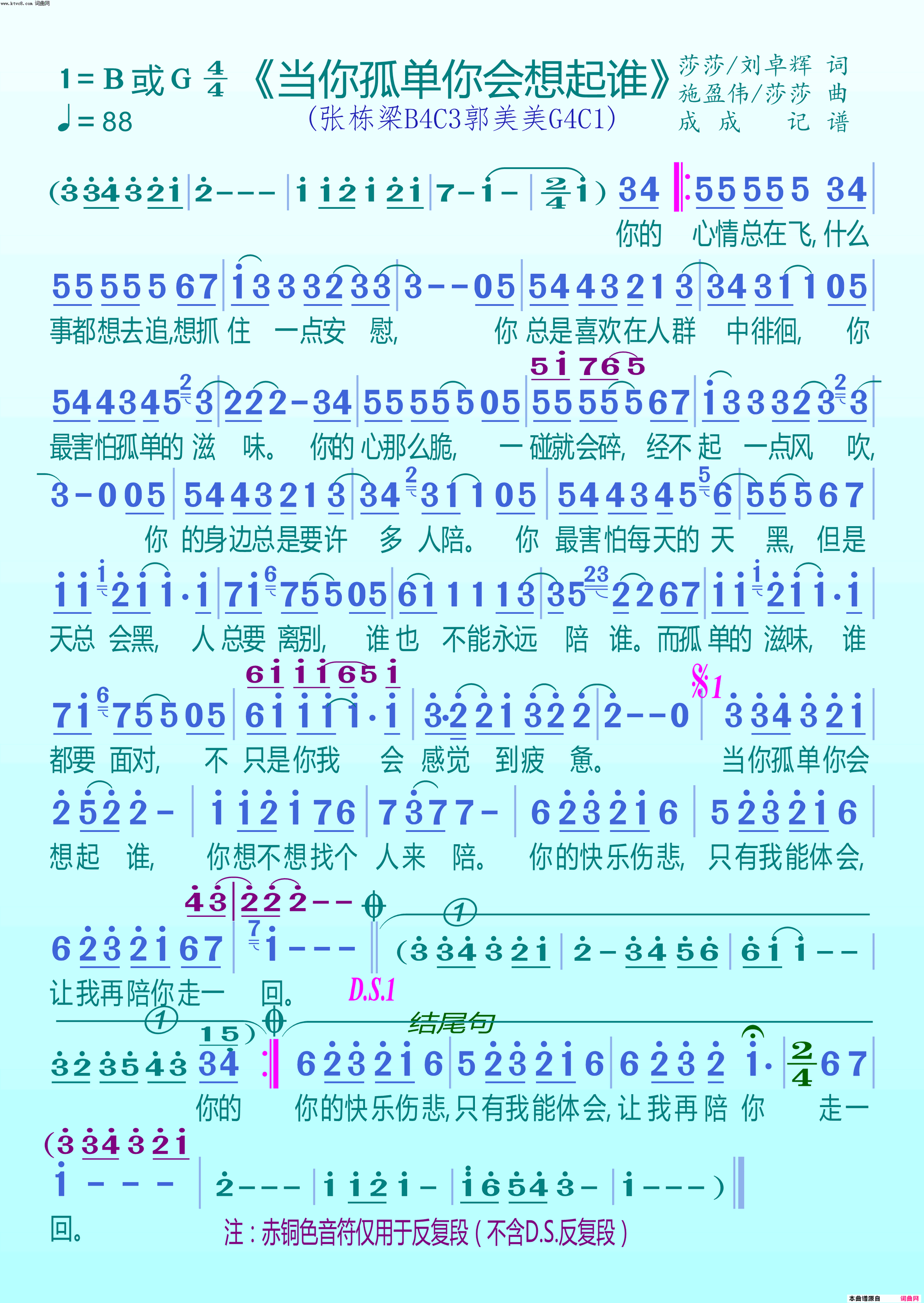 当你孤单你会想起谁张栋梁简谱-张栋梁演唱-莎莎、刘卓辉/施盈伟、莎莎词曲1