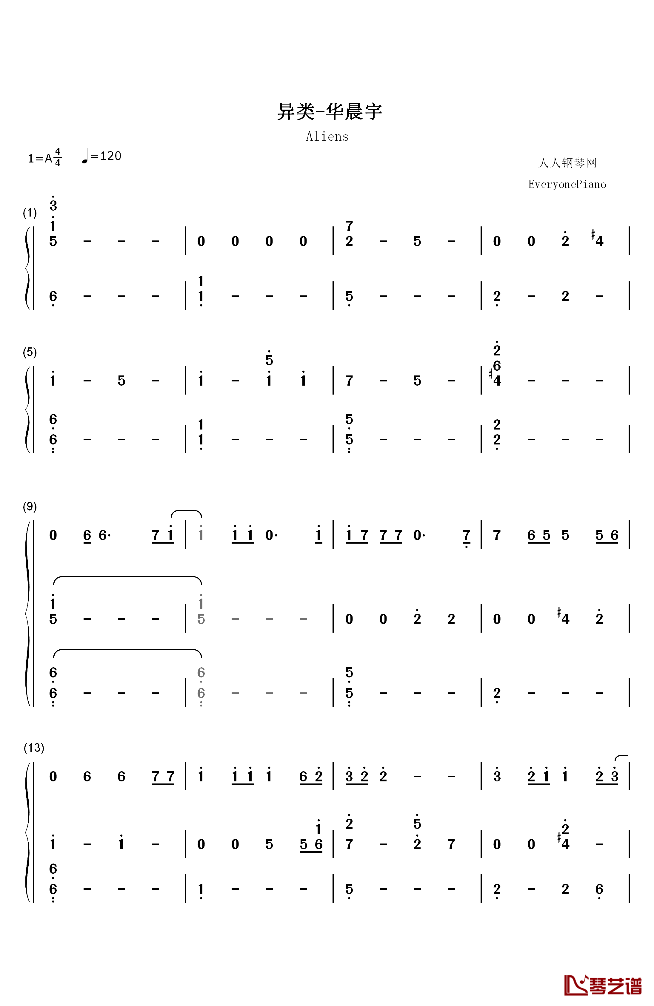 异类钢琴简谱-数字双手-华晨宇1