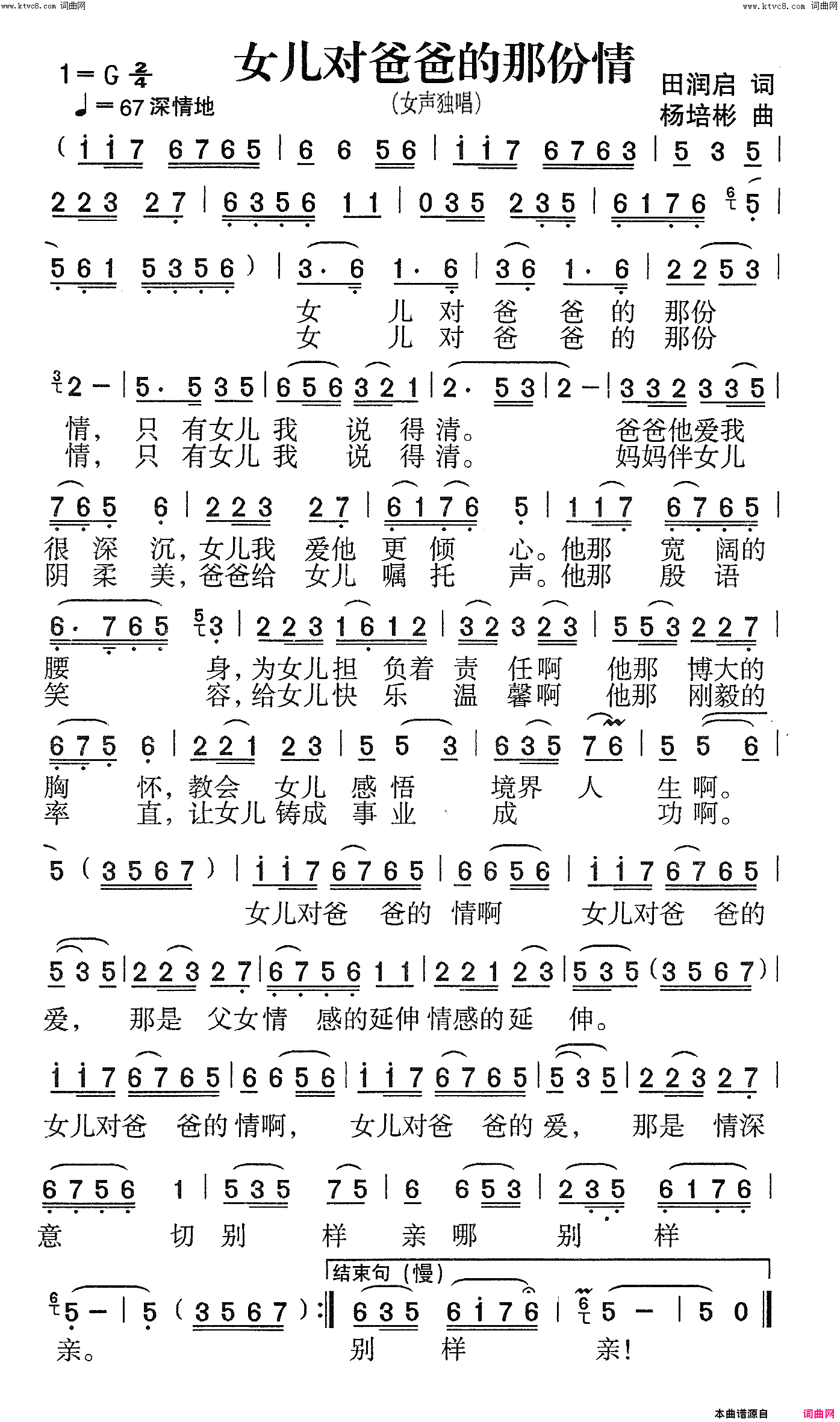 女儿对爸爸的那份情女声独唱简谱-季姝玲演唱-田润启/杨培彬词曲1