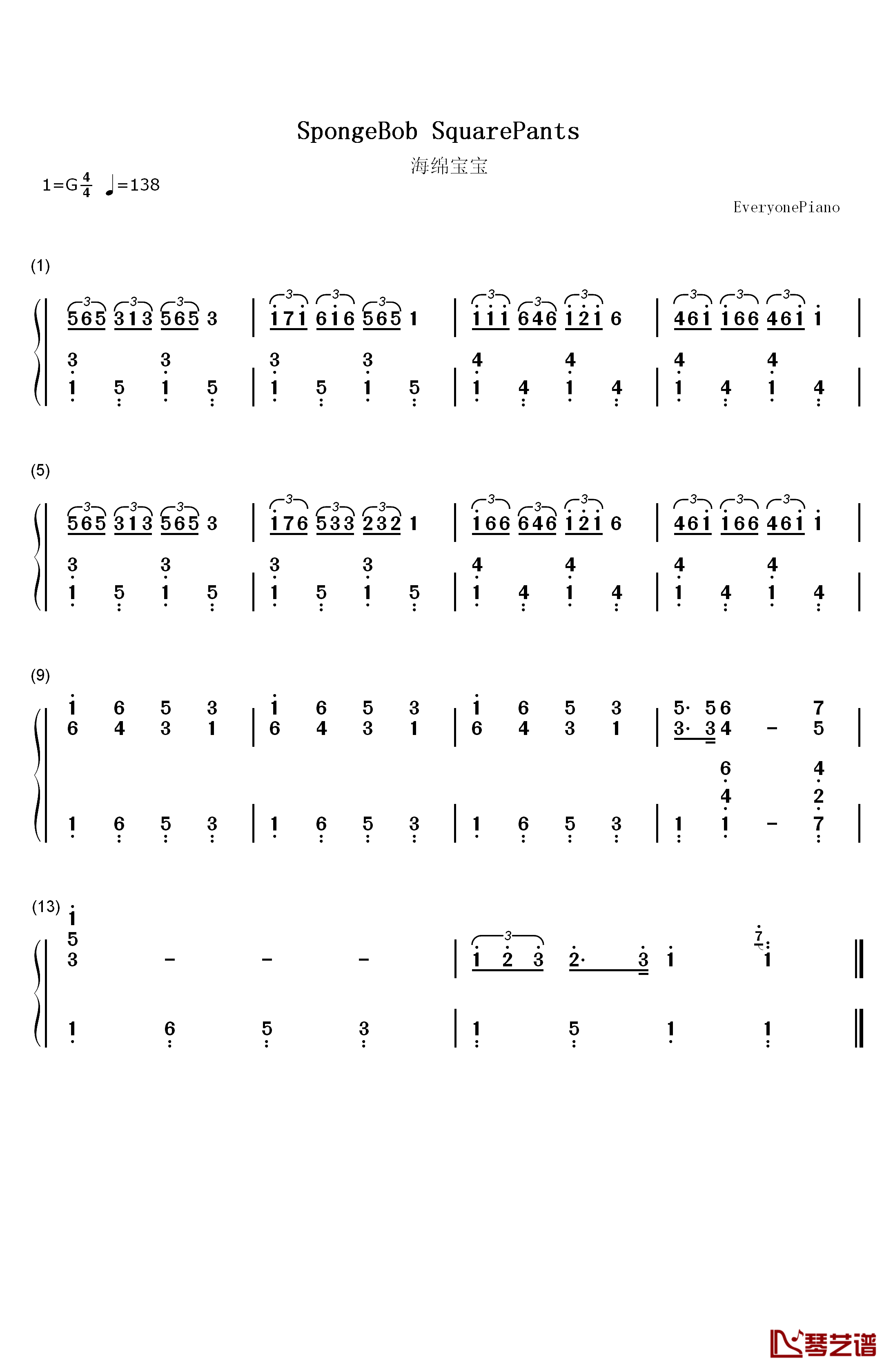 海绵宝宝钢琴简谱-数字双手-佐傀1