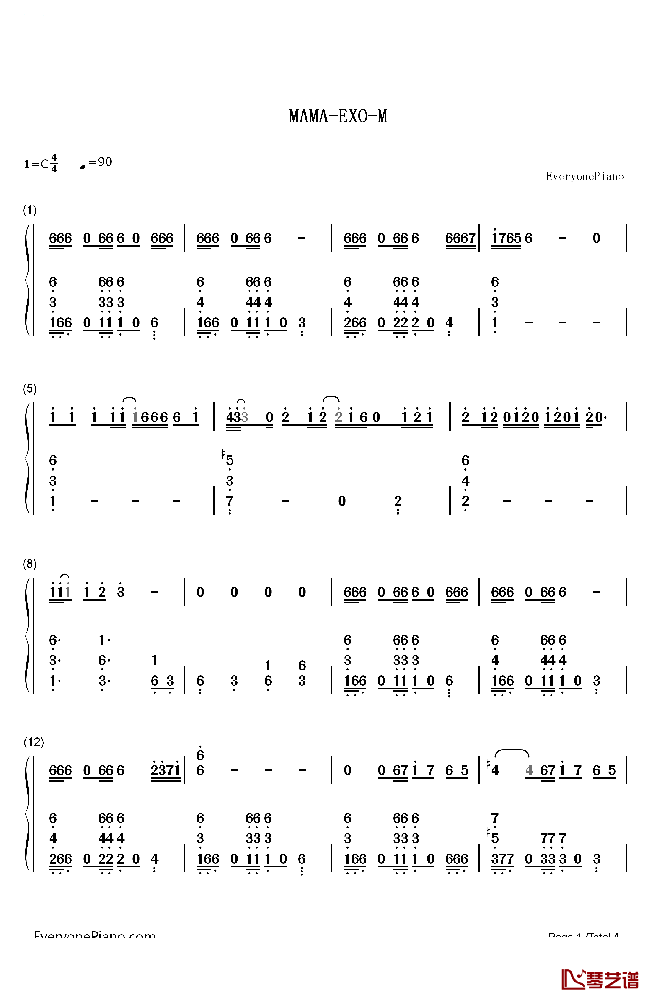 MAMA钢琴简谱-数字双手-EXO-M1