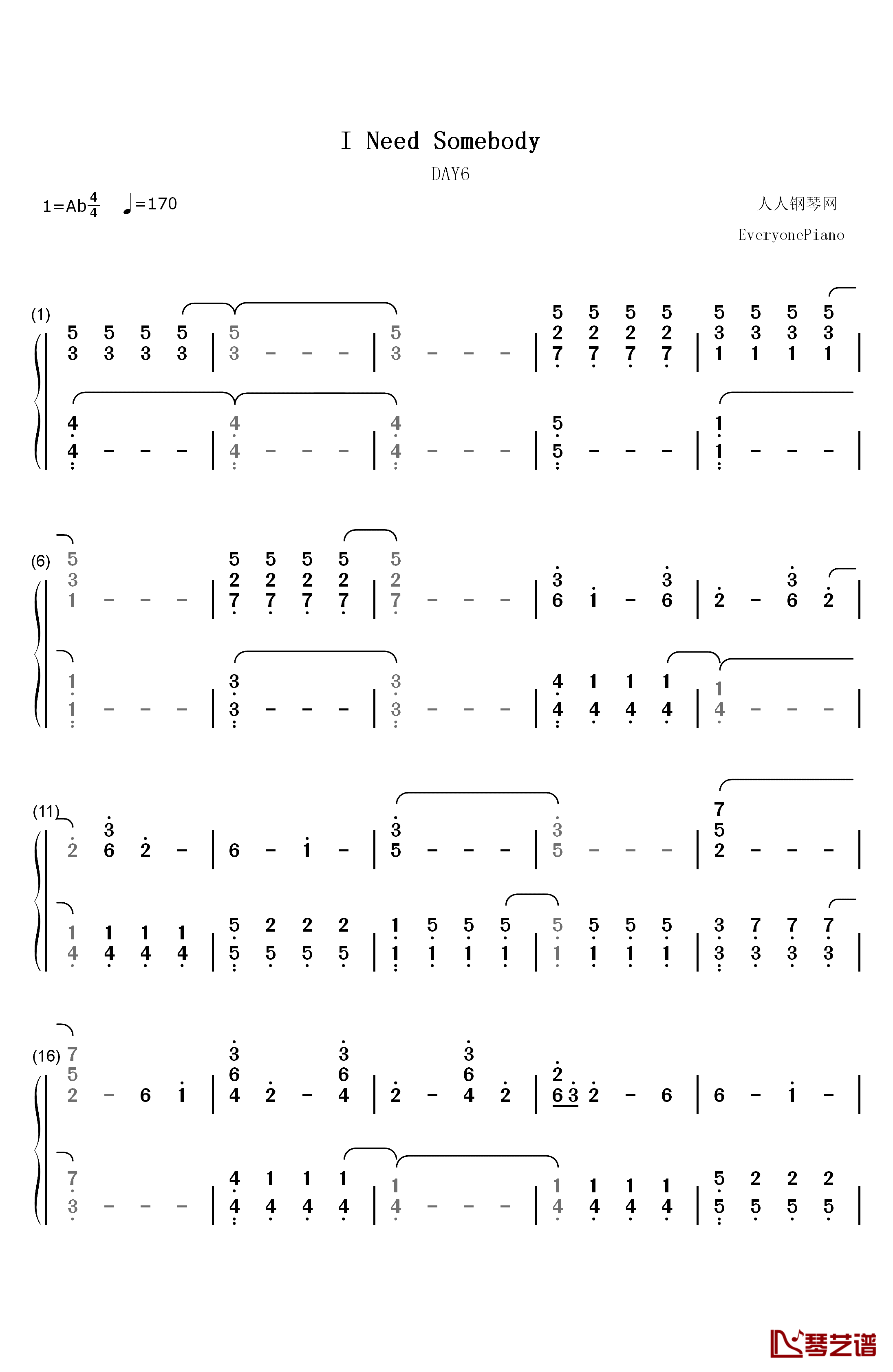 I Need Somebody钢琴简谱-数字双手-Day61