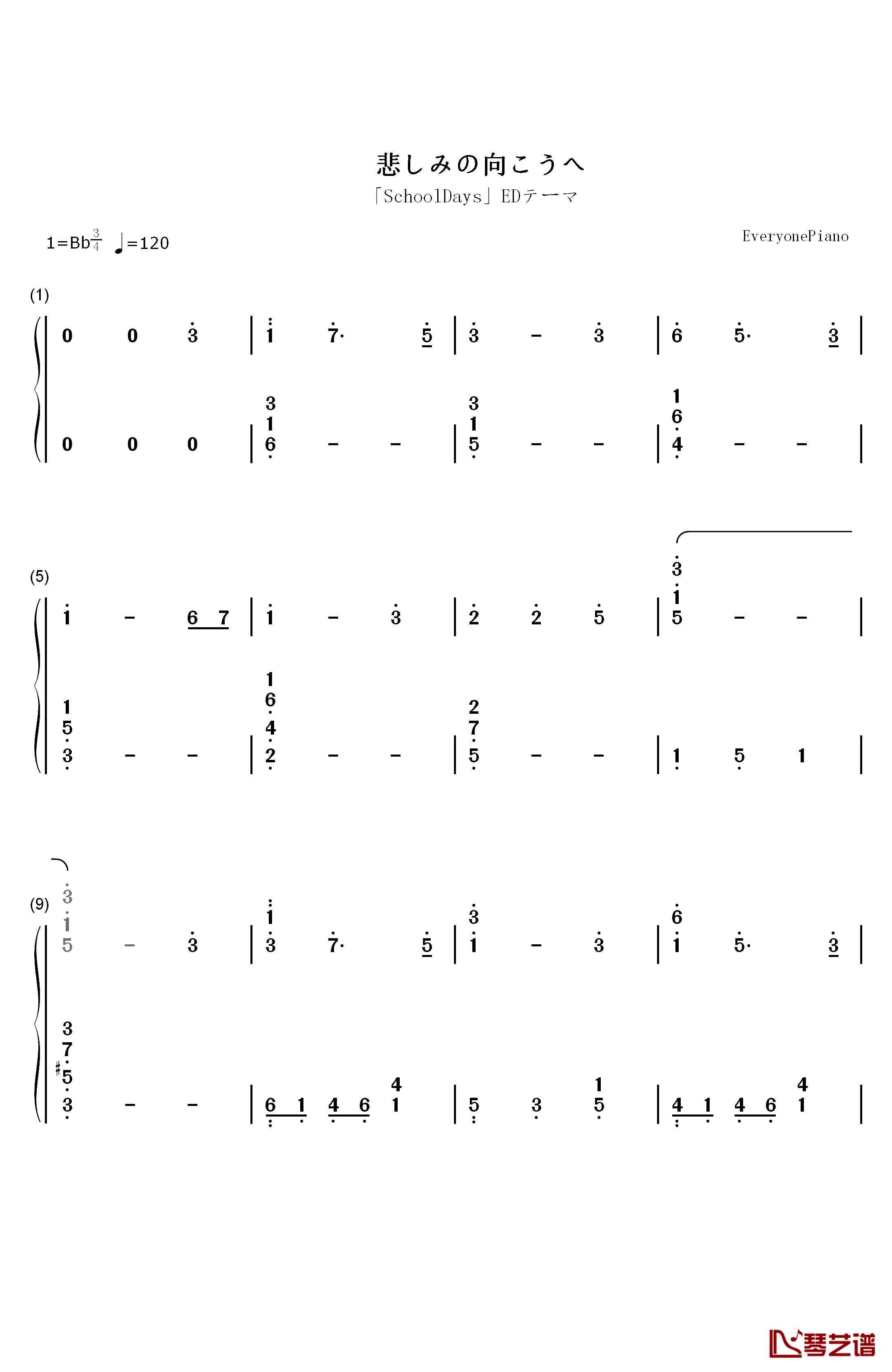悲しみの向こうへ钢琴简谱-数字双手-いとうかなこ1