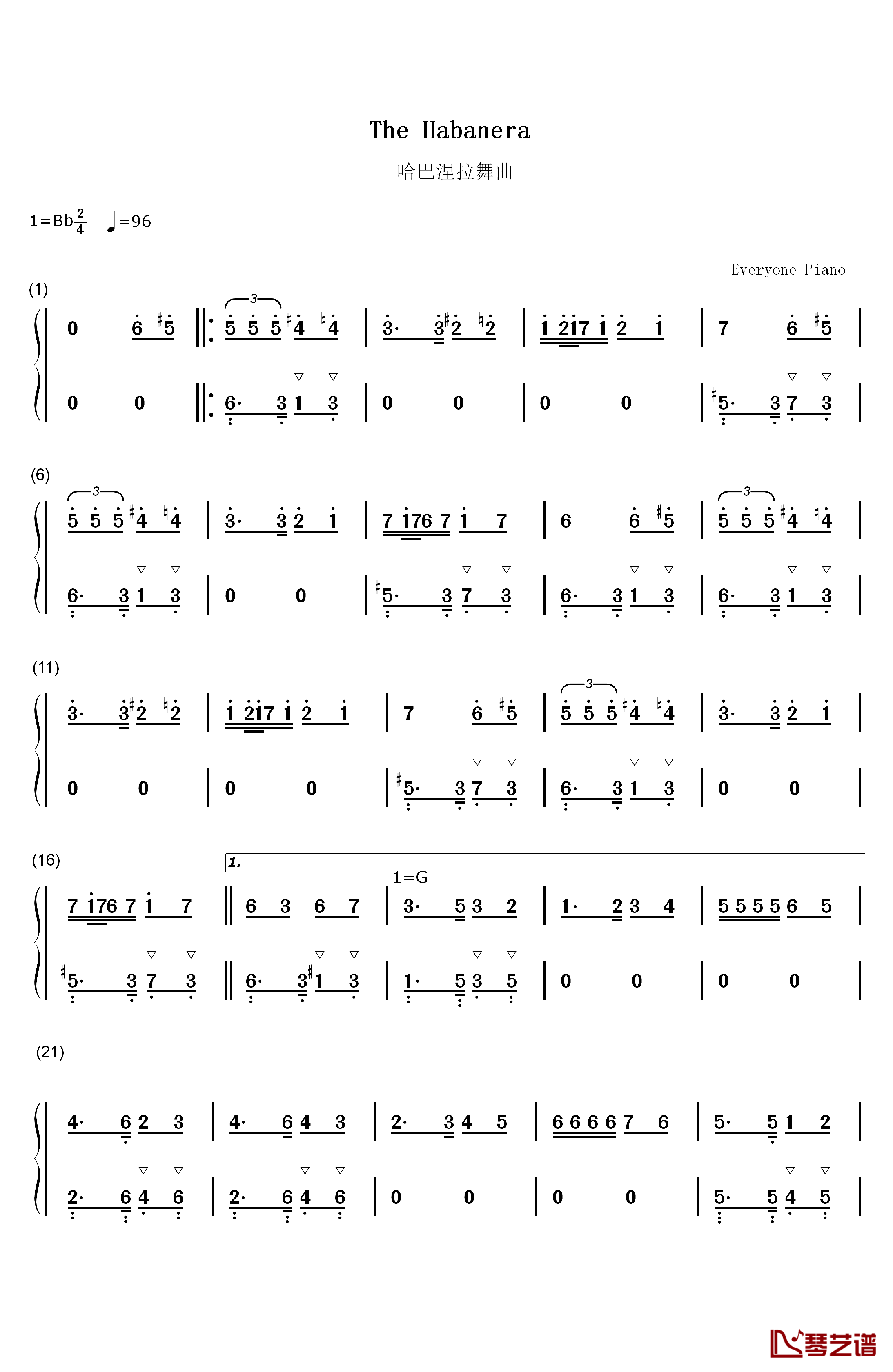 哈巴涅拉舞曲钢琴简谱-数字双手-乔治•比才1