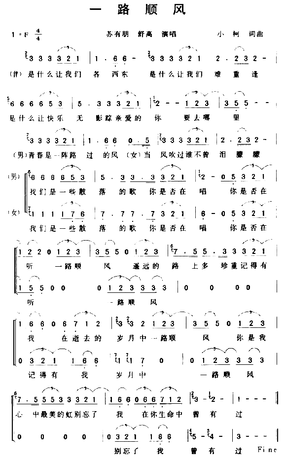一路顺风简谱-苏有朋舒高演唱1