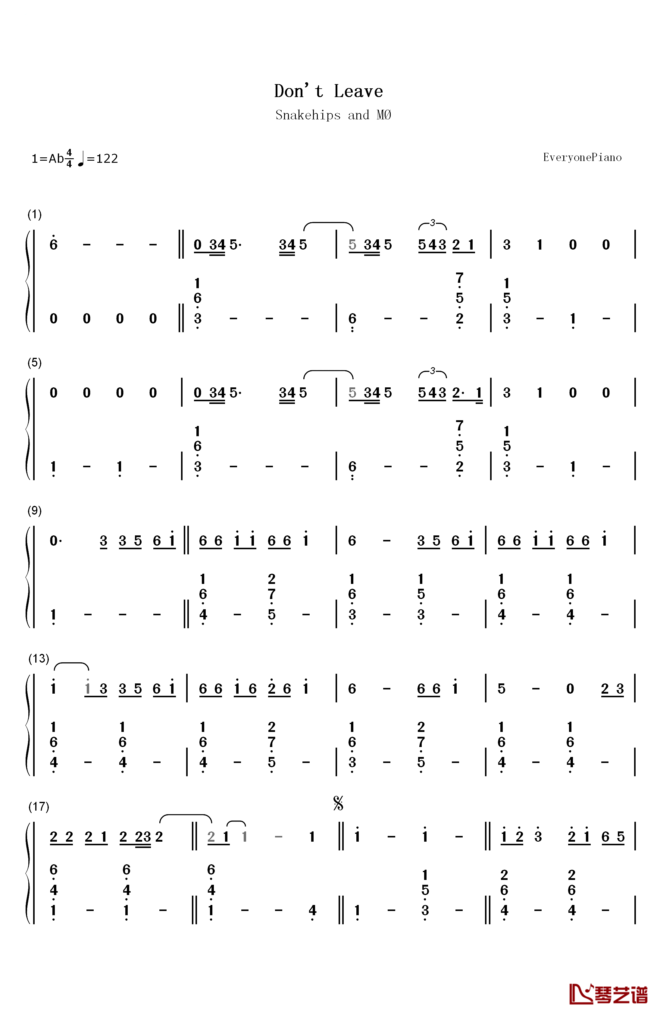 Don't Leave钢琴简谱-数字双手-Snakehips MØ1