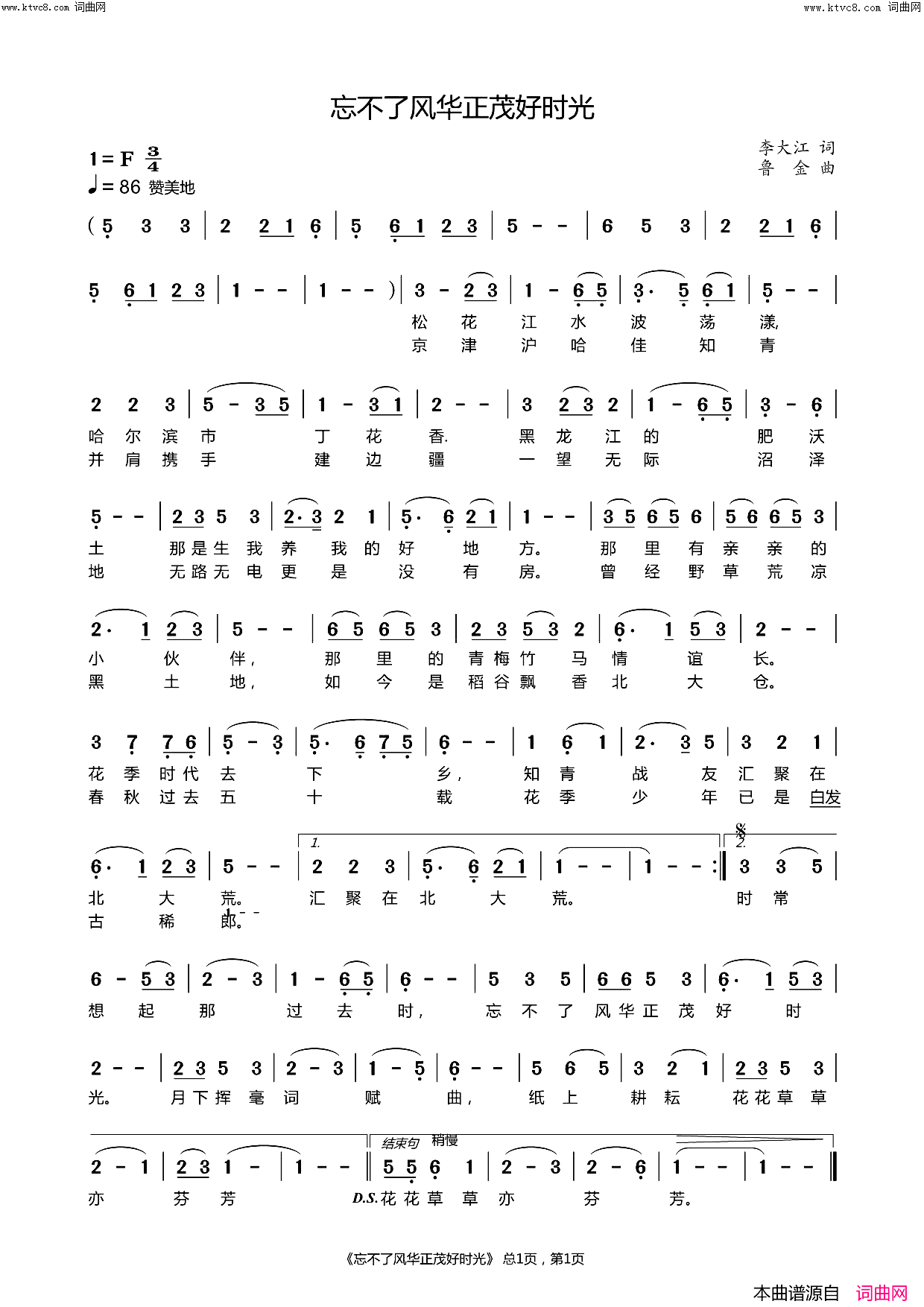 忘不了风华正茂好时光简谱-鲁金演唱-李大江/鲁金词曲1