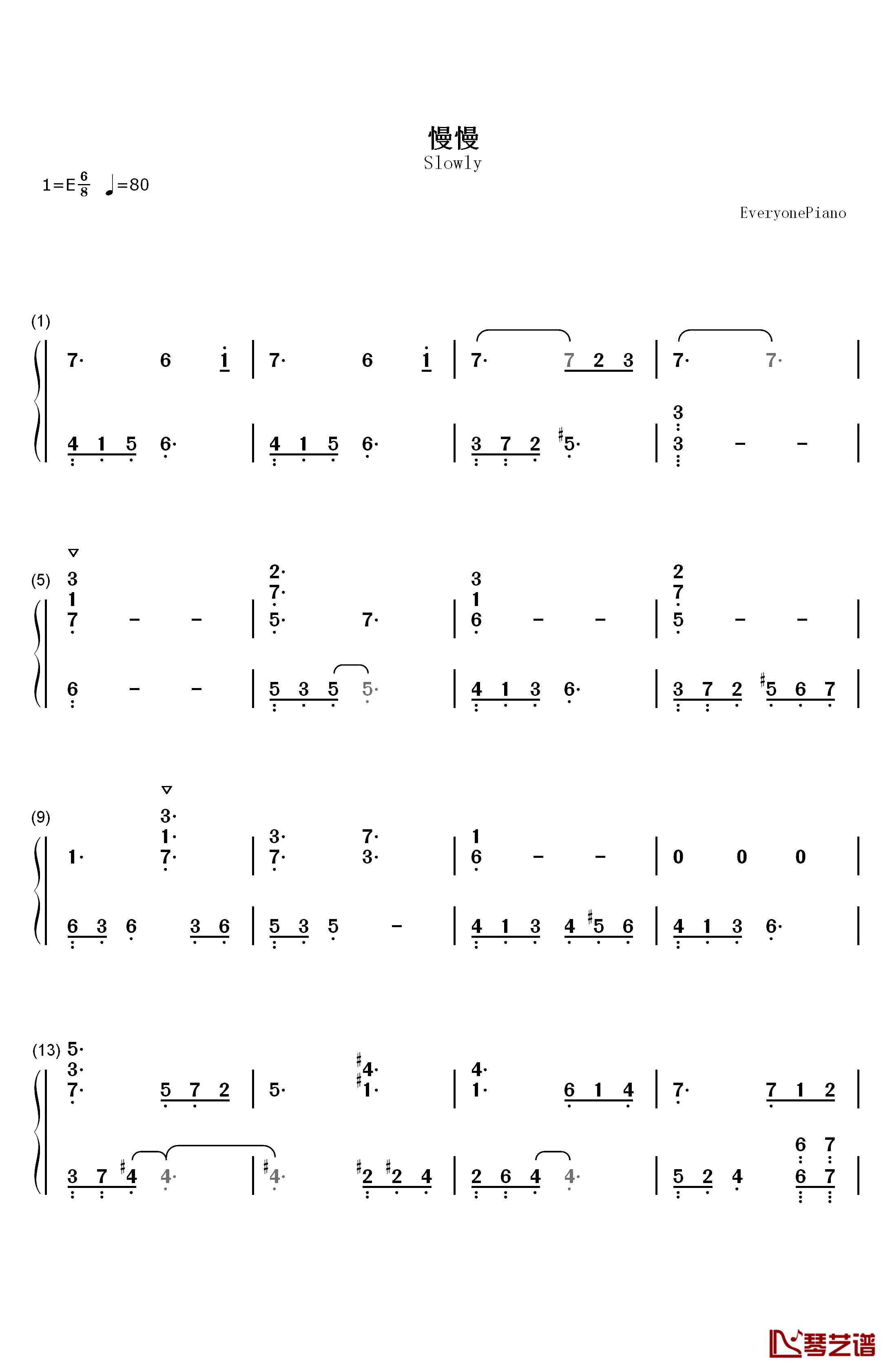 《慢慢》钢琴简谱-数字双手-王乃恩  张学友1