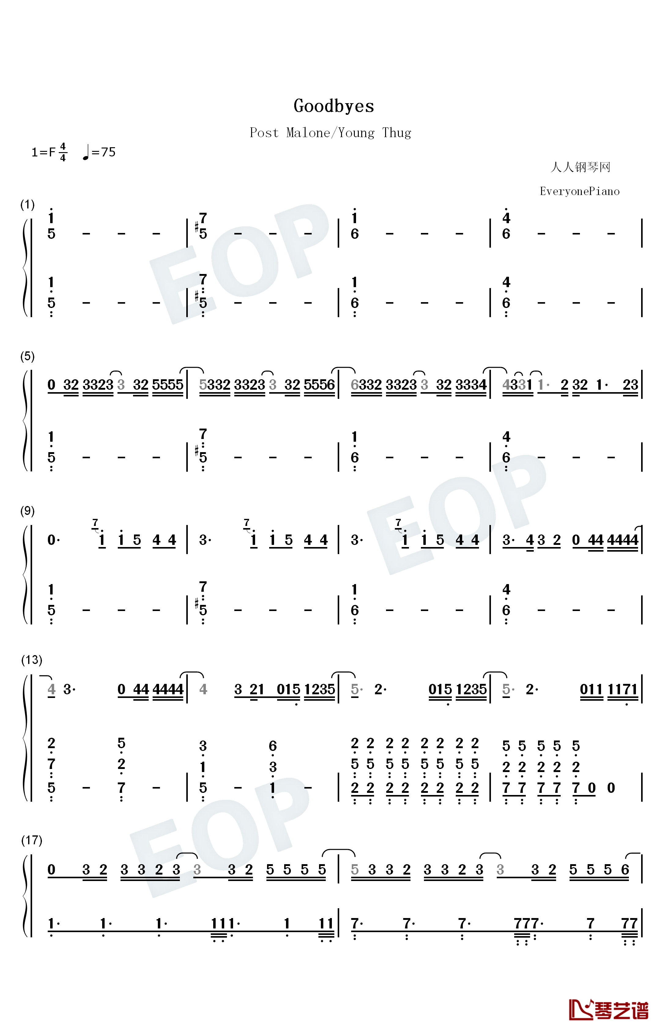 Goodbyes钢琴简谱-数字双手-Post Malone Young Thug1