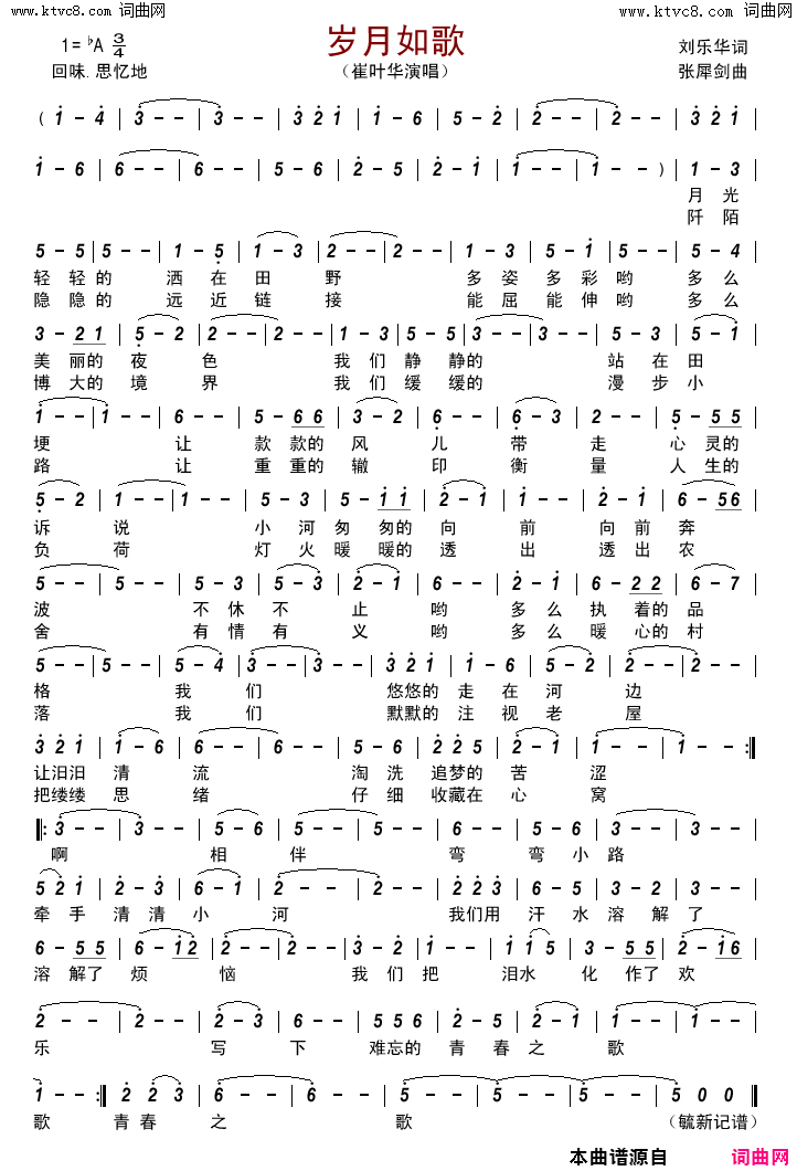 岁月如歌简谱-崔叶华演唱-刘乐华/张犀剑词曲1