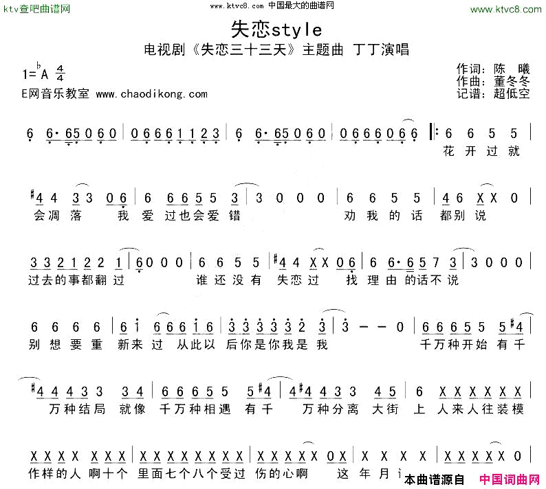 失恋style简谱-丁丁演唱-晨曦/董冬冬词曲1