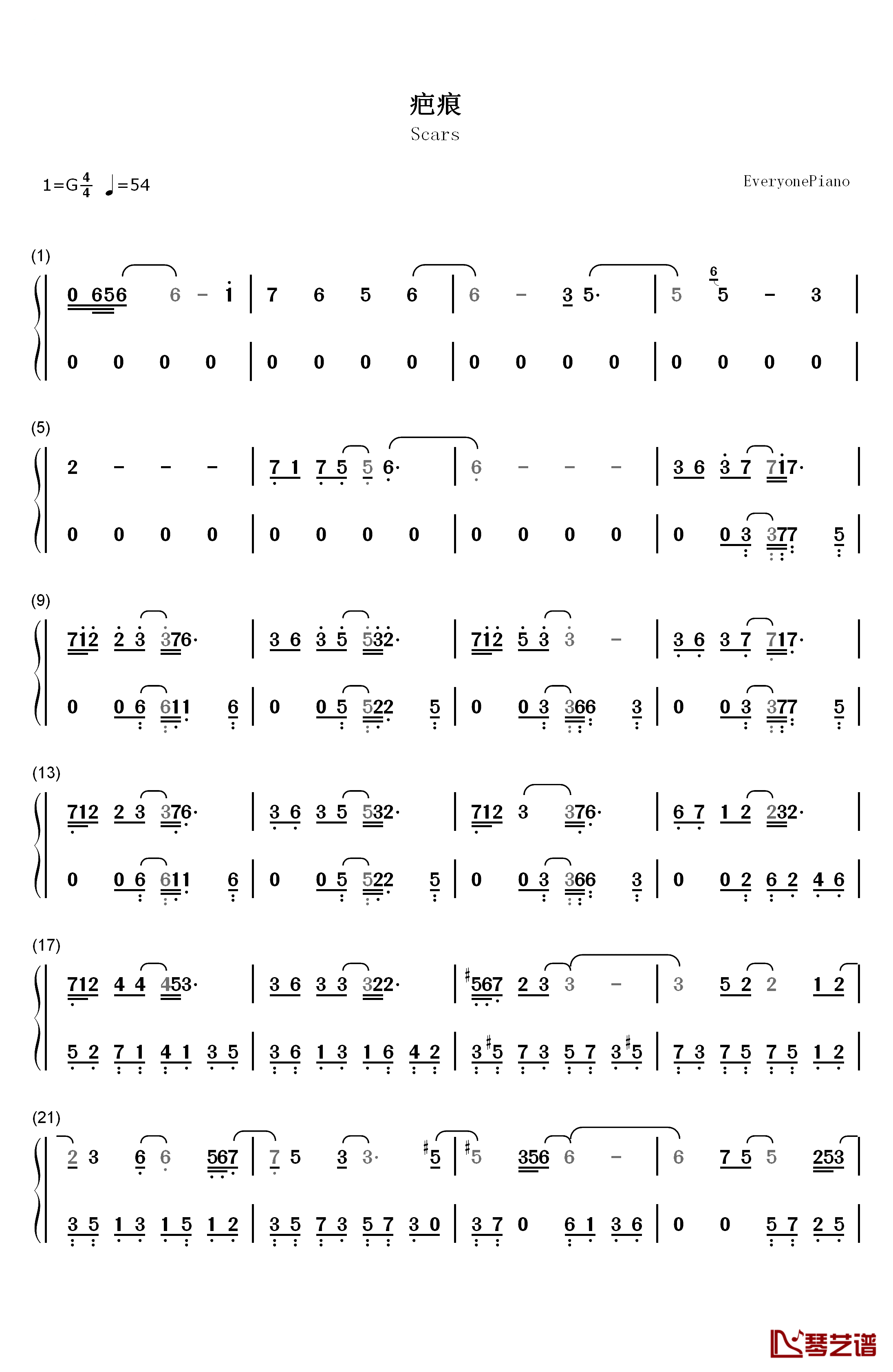 疤痕钢琴简谱-数字双手-麦振鸿1