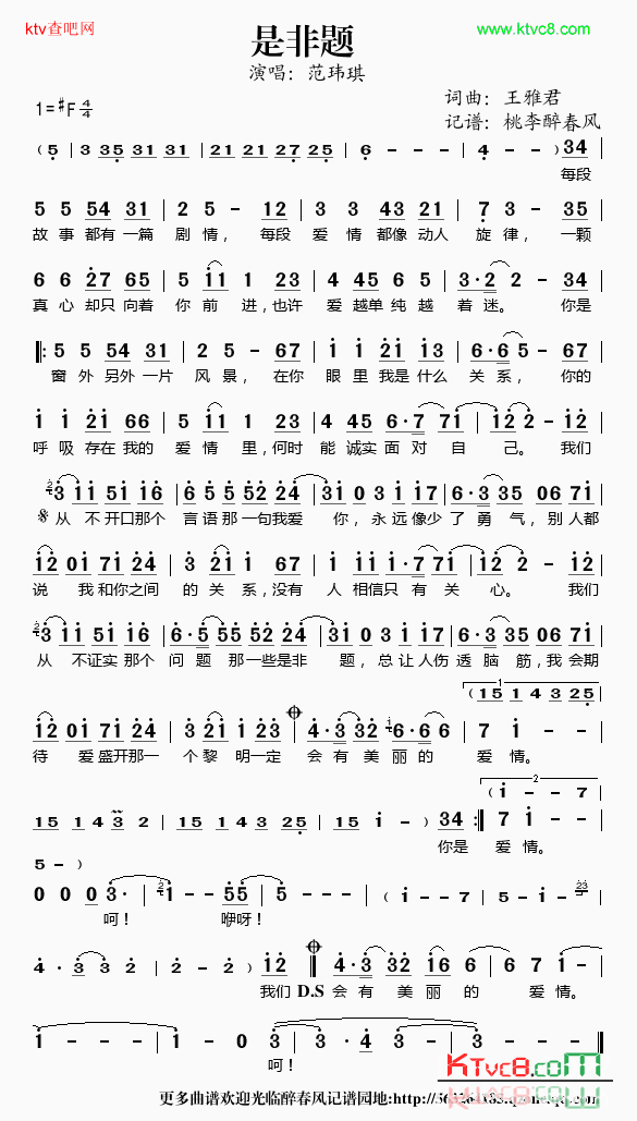 是非题简谱-范玮琪演唱1