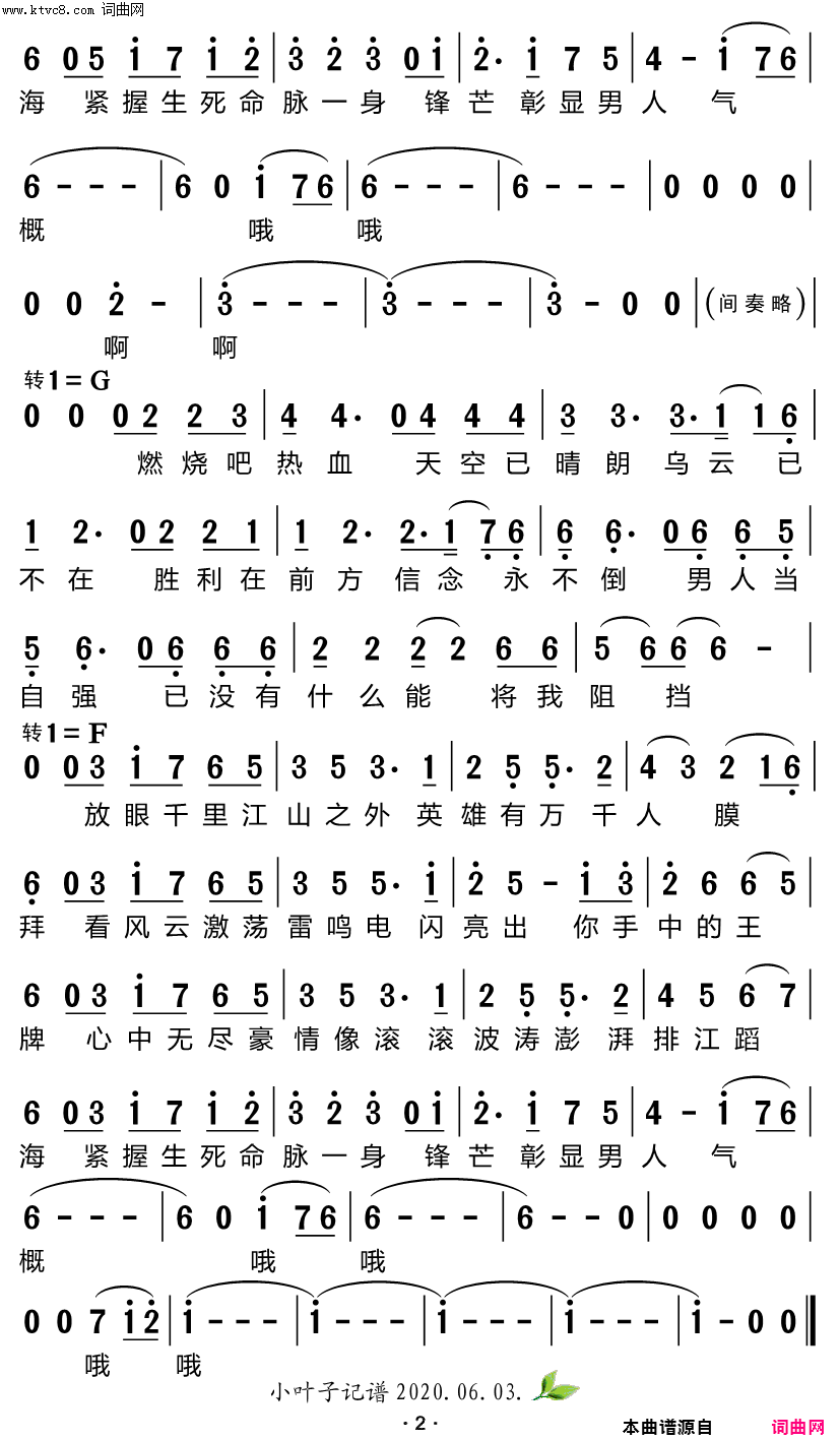 男人歌简谱-韩磊演唱-高树新/托马斯·伯格森词曲1