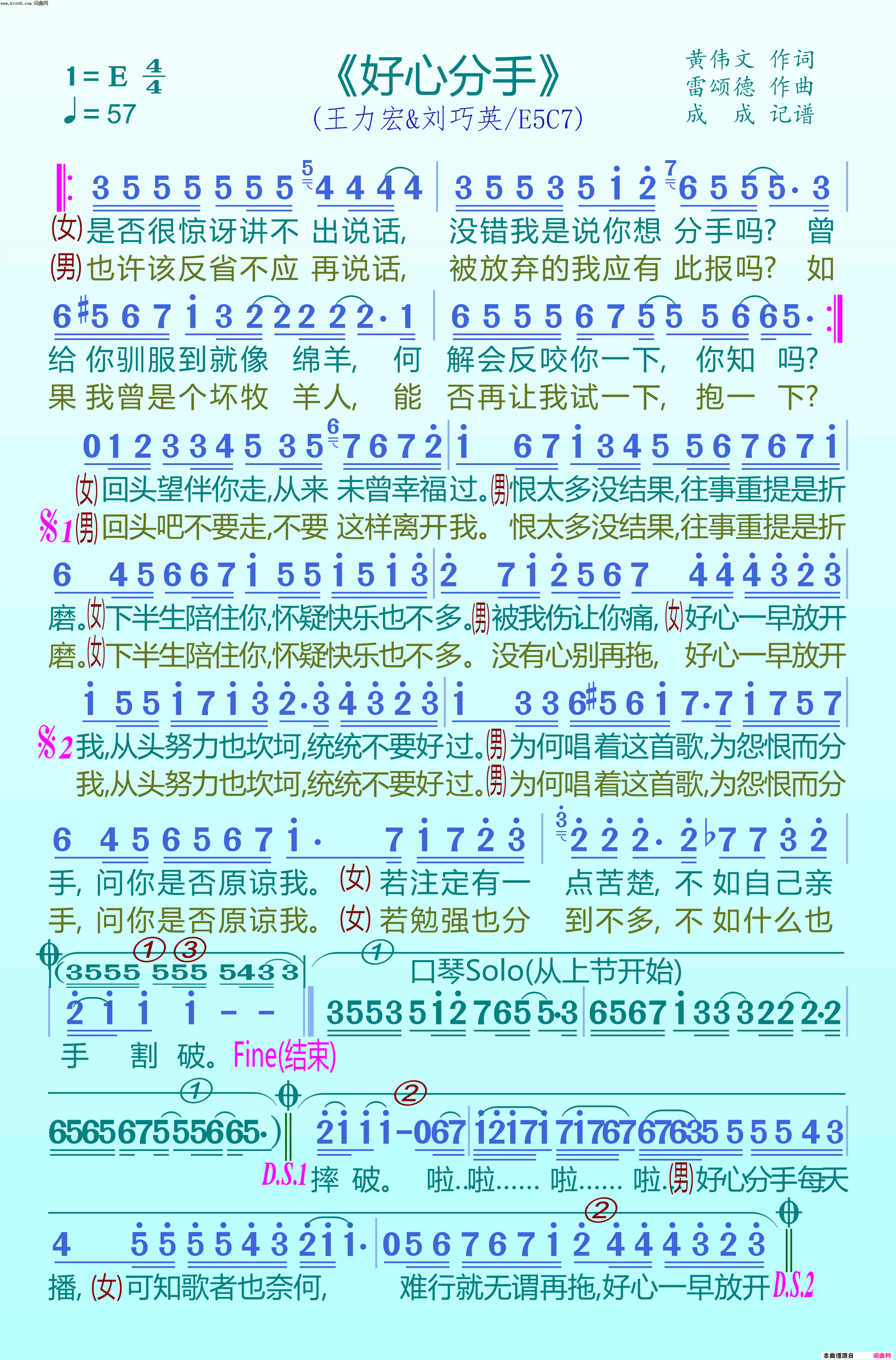 好心分手王力宏&刘巧英简谱-王力宏演唱-黄伟文/雷颂德词曲1